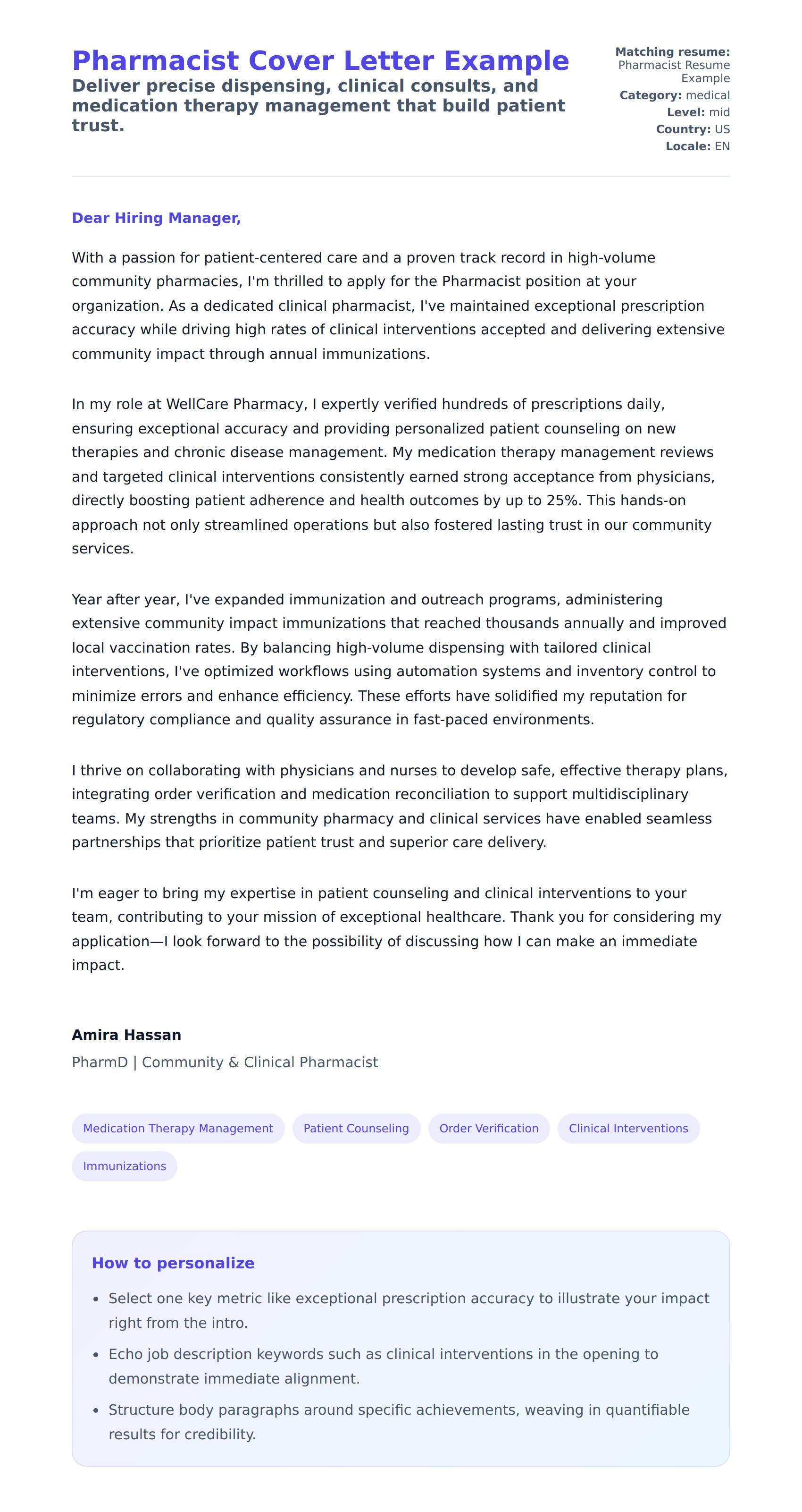 Cover Letter preview for Pharmacist Cover Letter Example