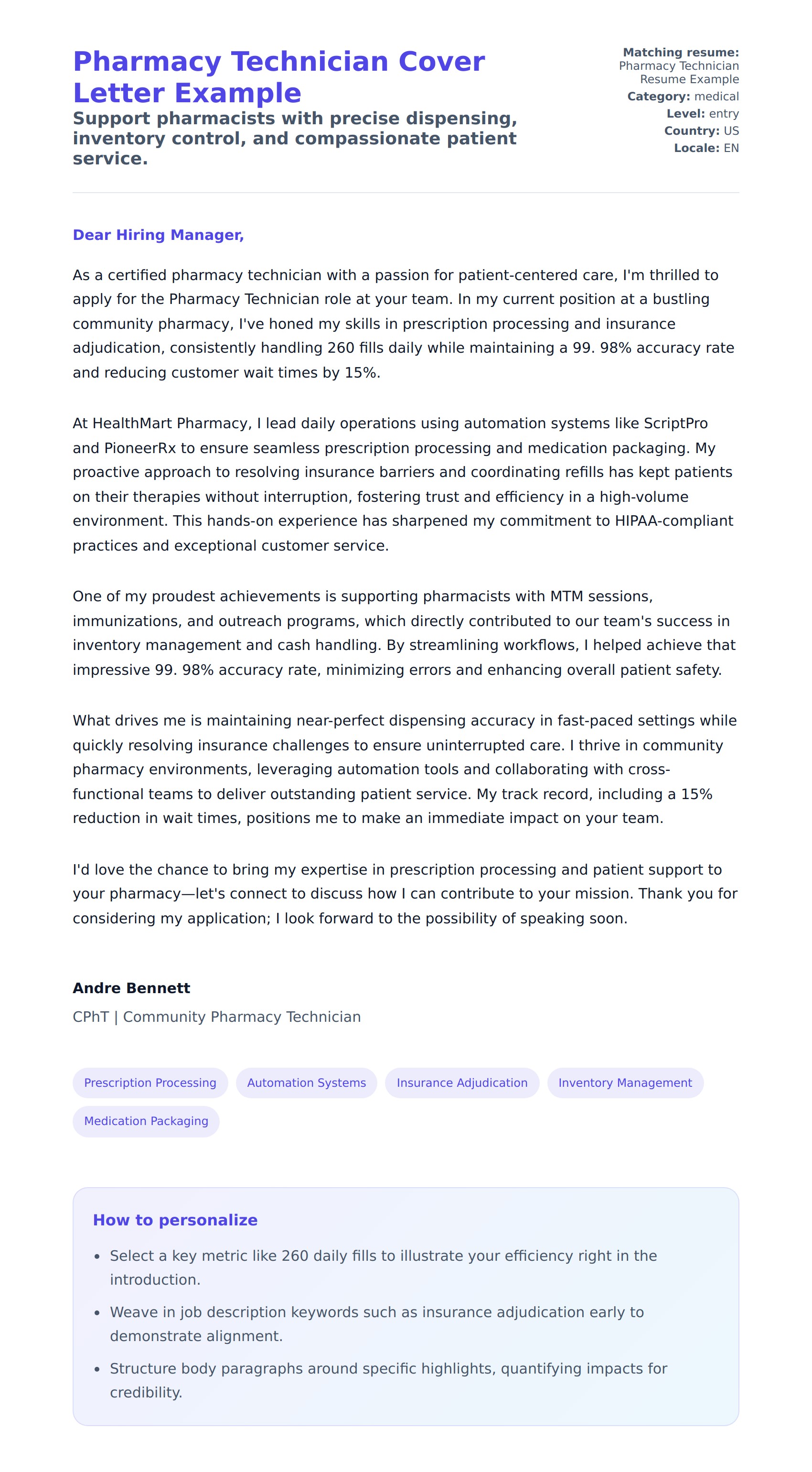 Cover Letter preview for Pharmacy Technician Cover Letter Example