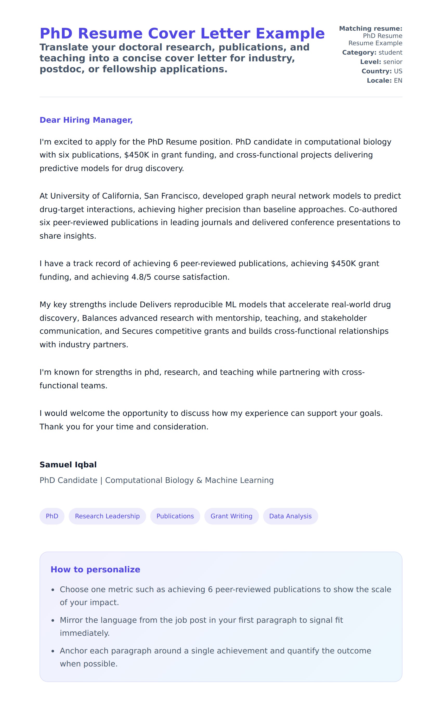 Cover Letter preview for PhD Resume Cover Letter Example