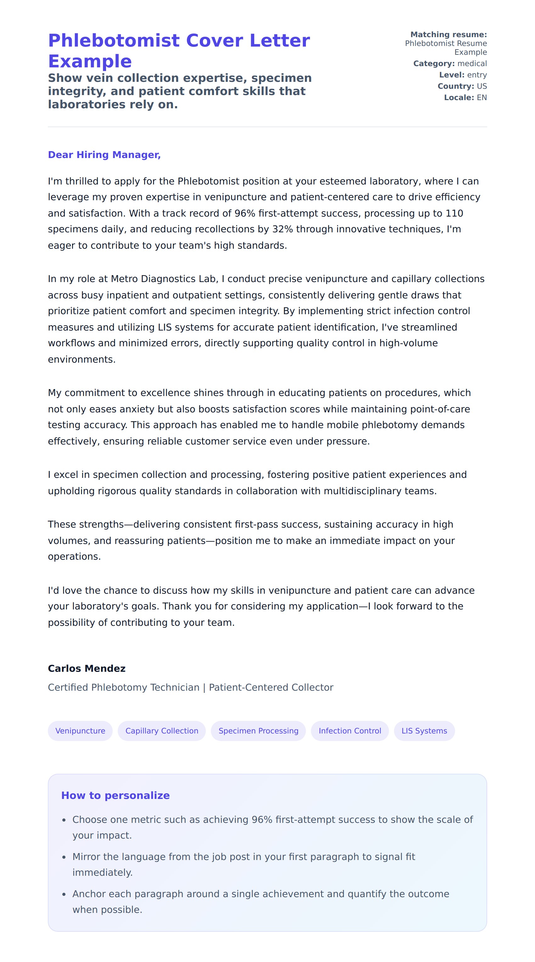 Cover Letter preview for Phlebotomist Cover Letter Example