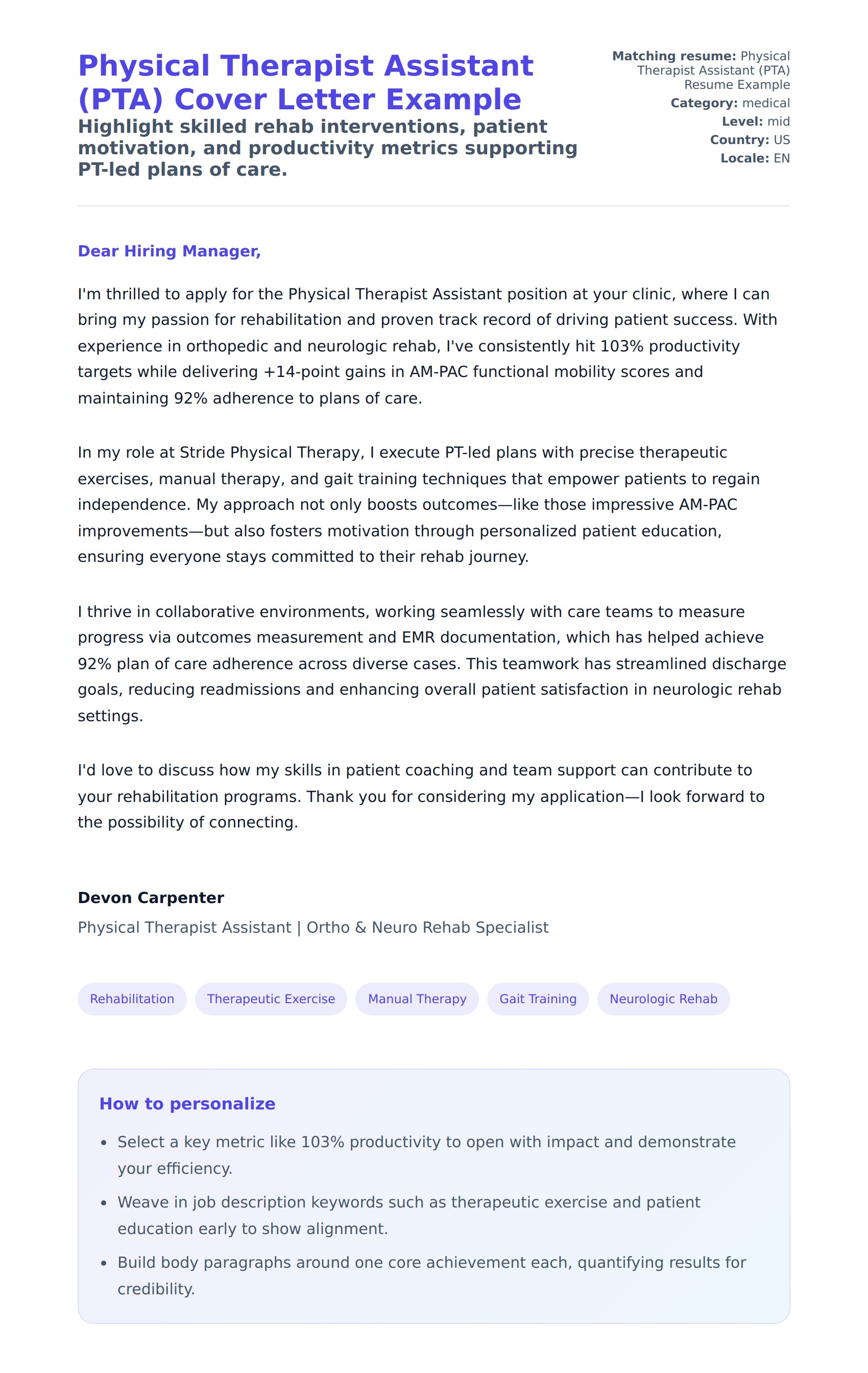 Cover Letter preview for Physical Therapist Assistant (PTA) Cover Letter Example