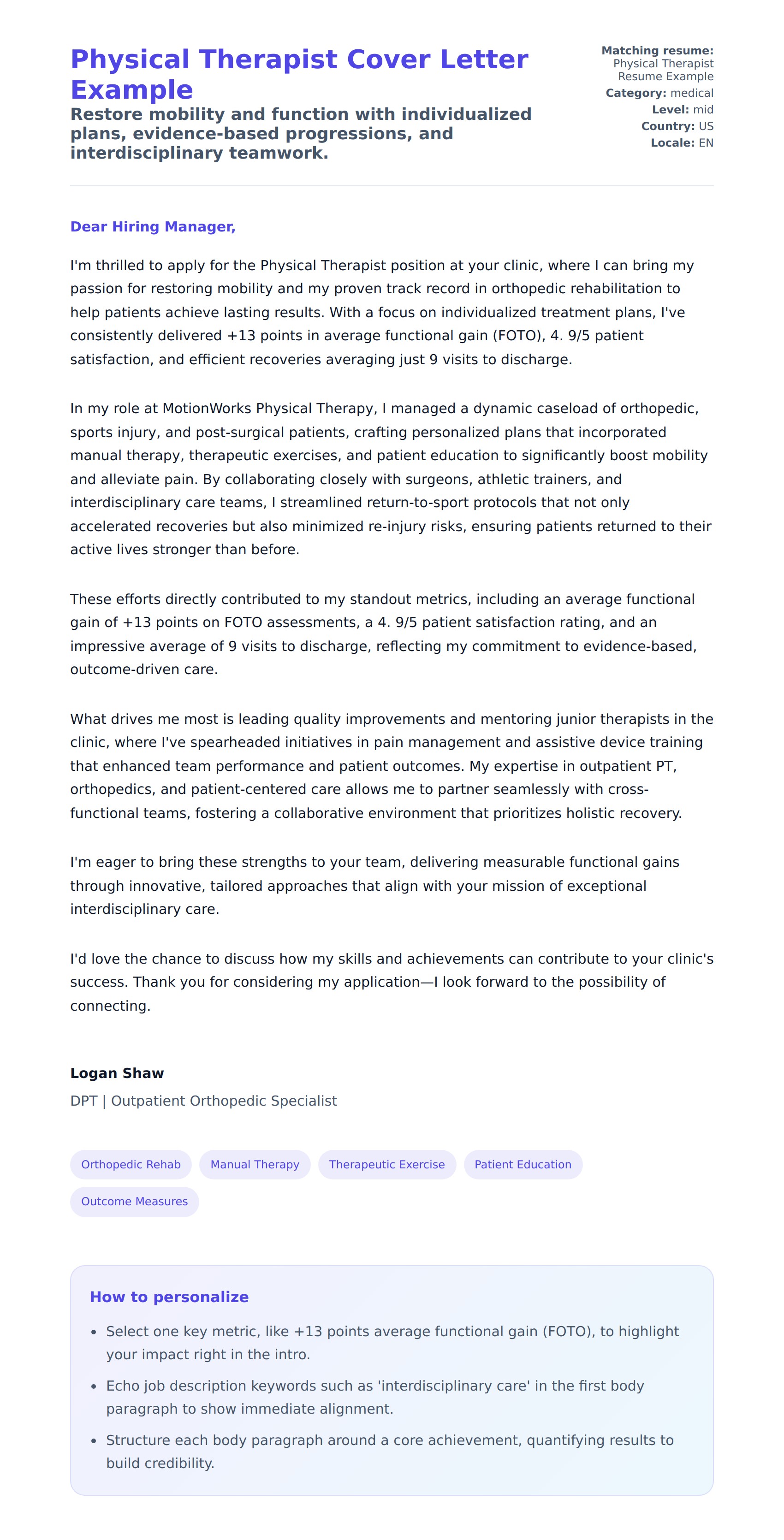 Cover Letter preview for Physical Therapist Cover Letter Example