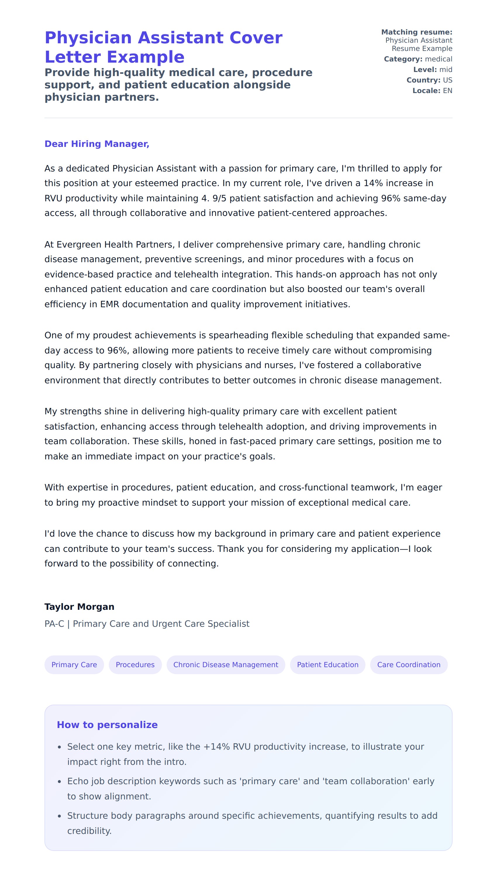Cover Letter preview for Physician Assistant Cover Letter Example