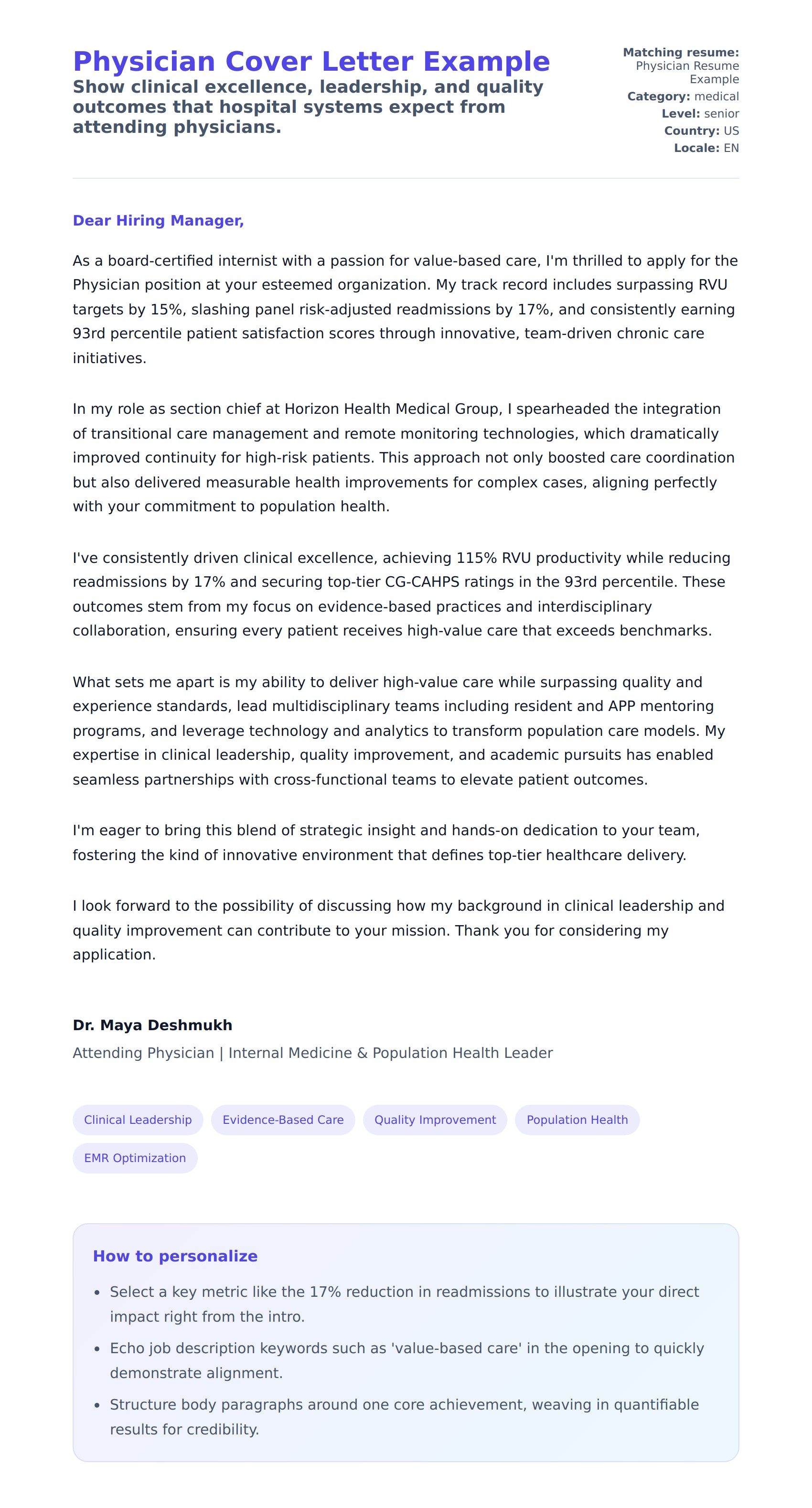 Cover Letter preview for Physician Cover Letter Example