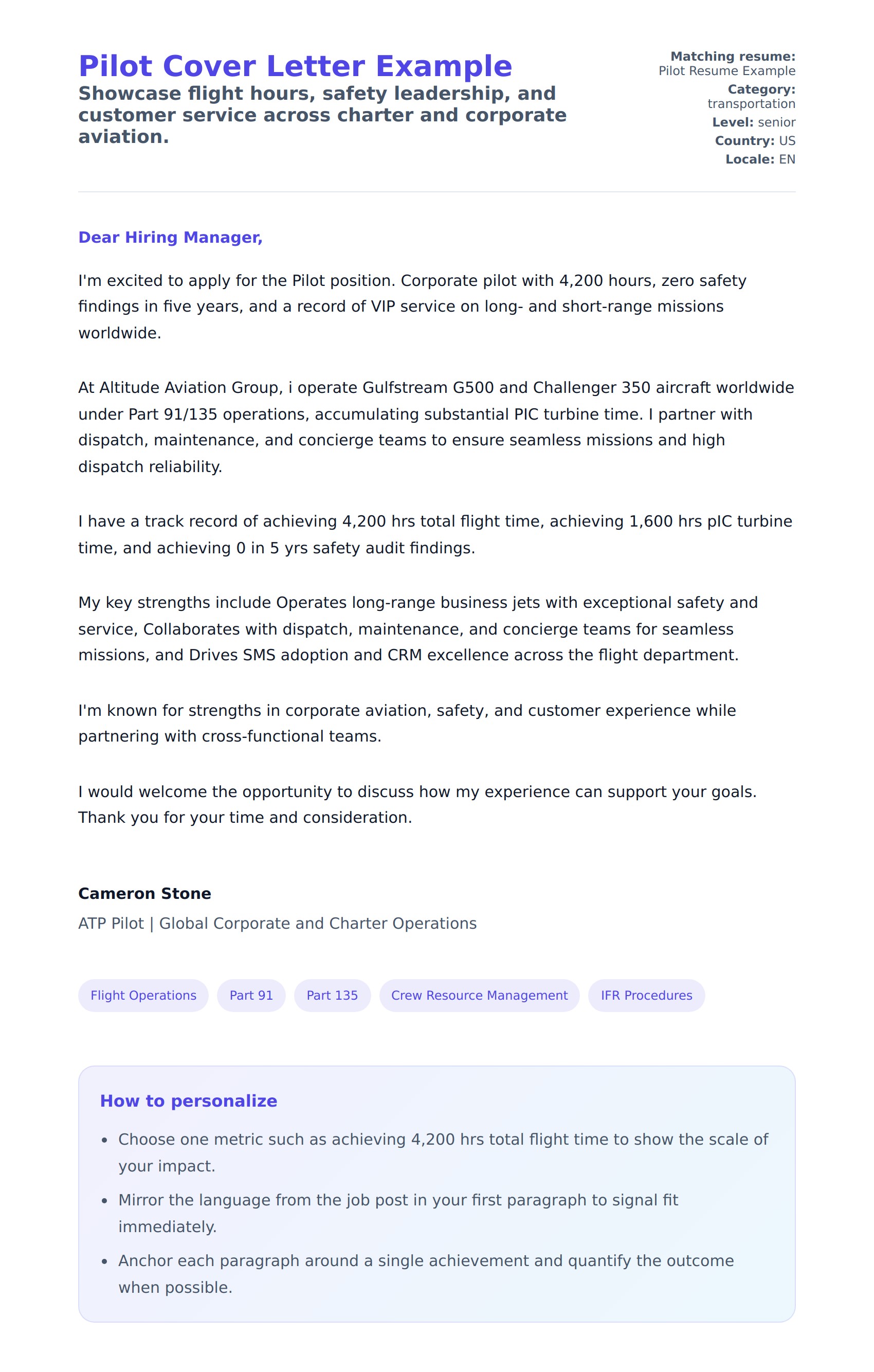 Cover Letter preview for Pilot Cover Letter Example
