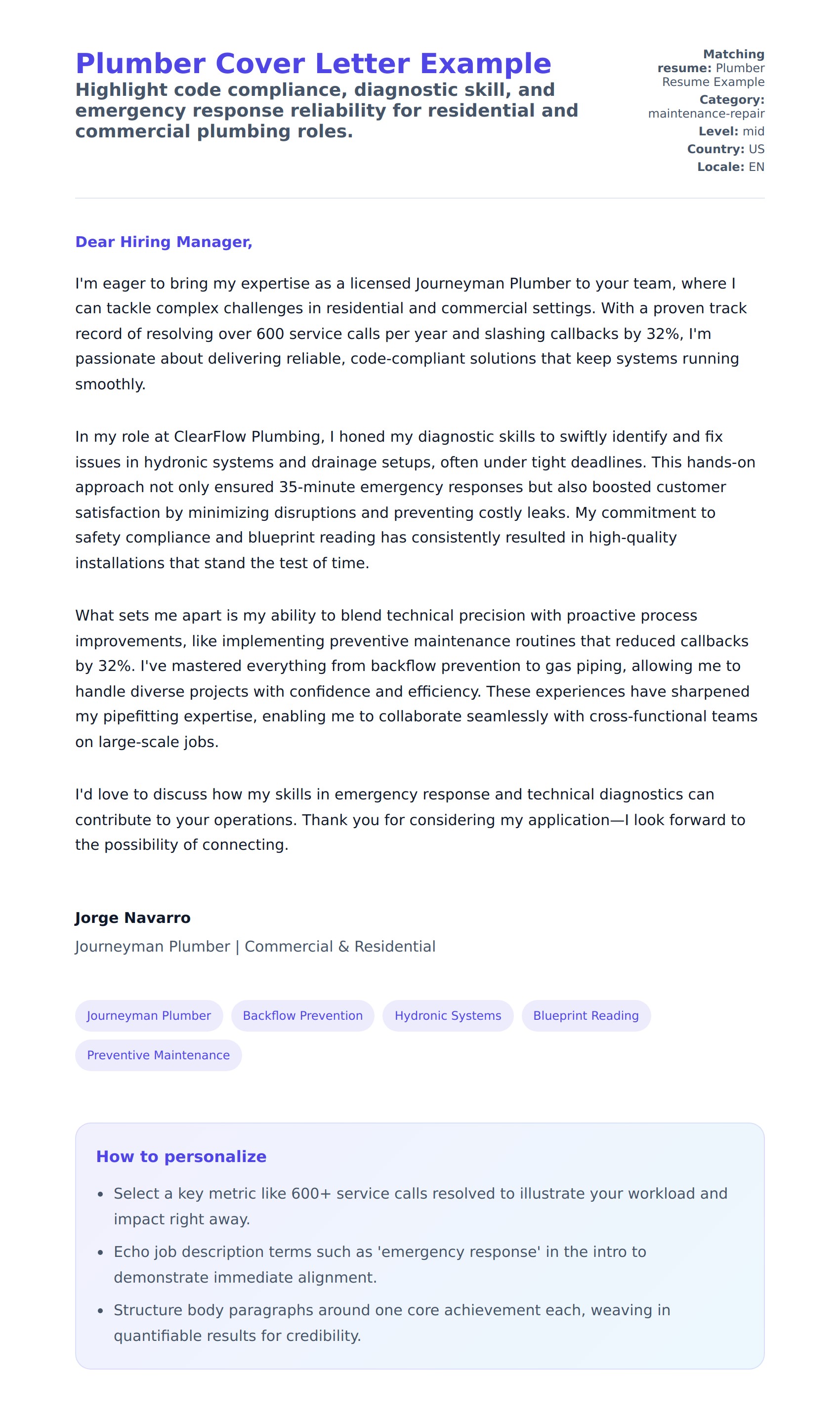 Cover Letter preview for Plumber Cover Letter Example