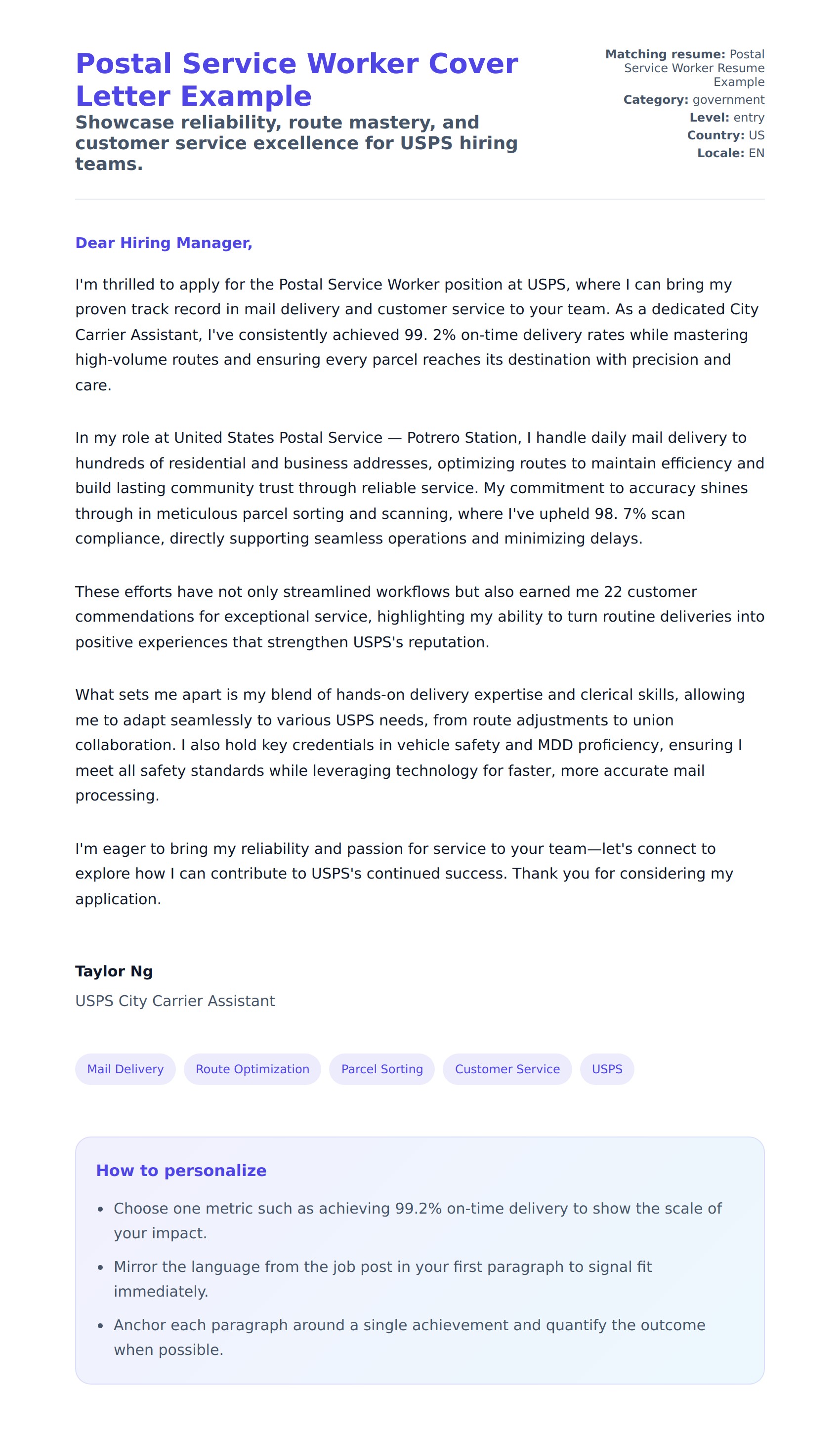 Cover Letter preview for Postal Service Worker Cover Letter Example