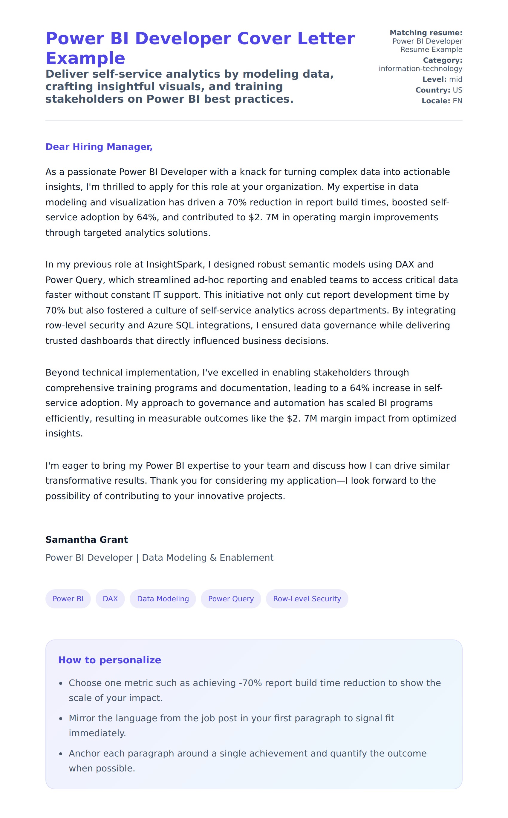Cover Letter preview for Power BI Developer Cover Letter Example