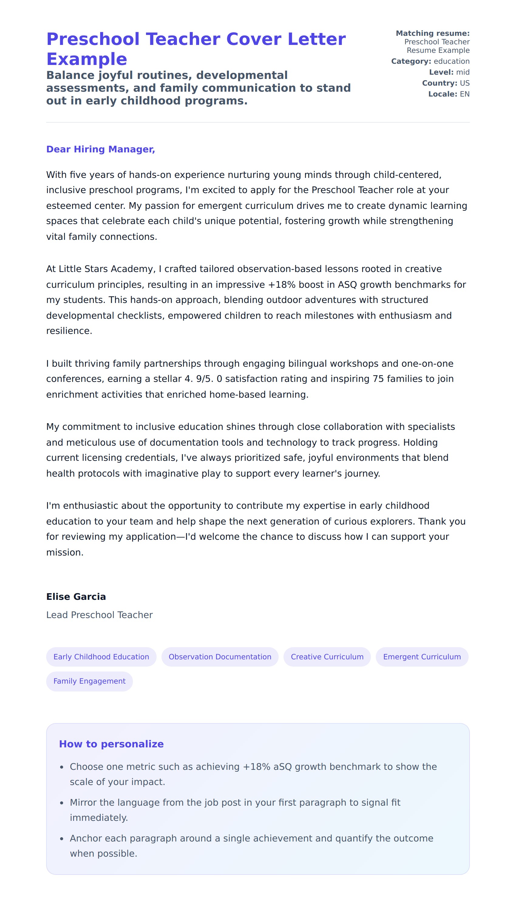 Cover Letter preview for Preschool Teacher Cover Letter Example