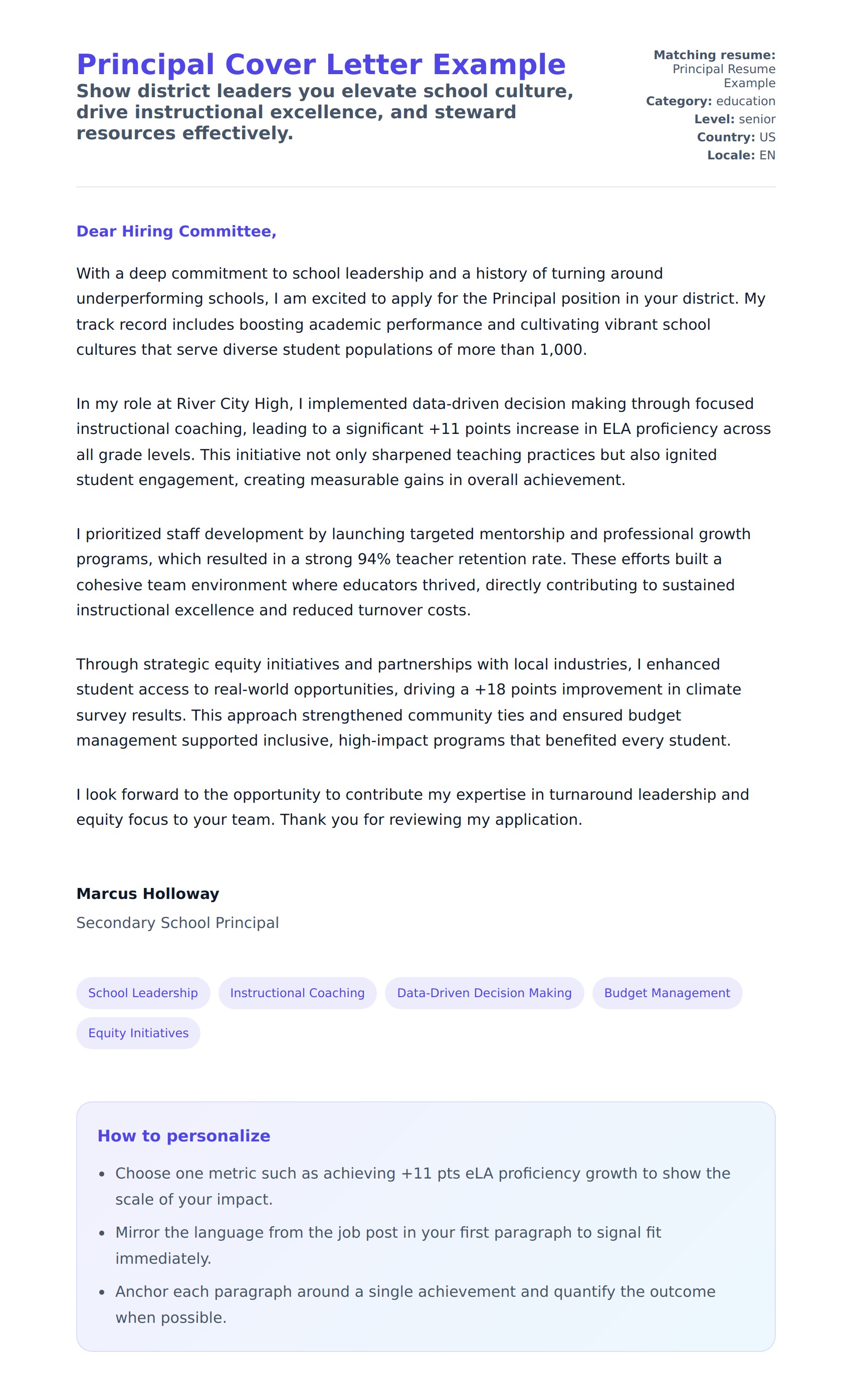 Cover Letter preview for Principal Cover Letter Example