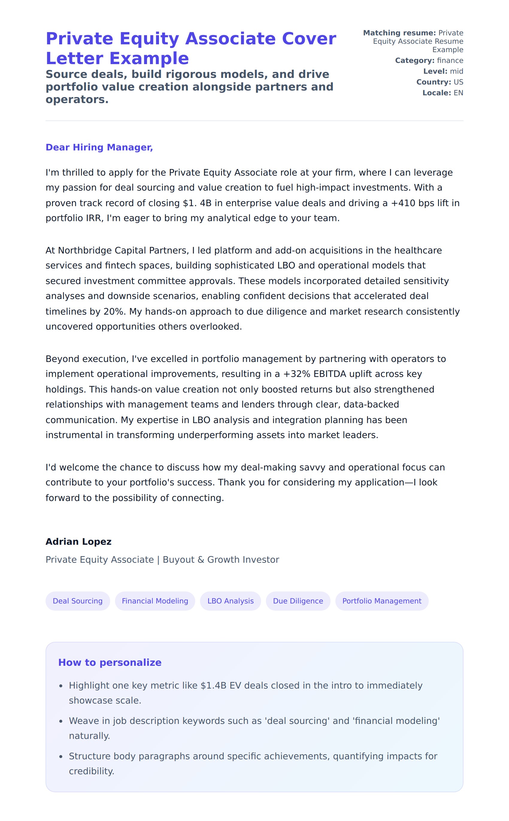 Cover Letter preview for Private Equity Associate Cover Letter Example