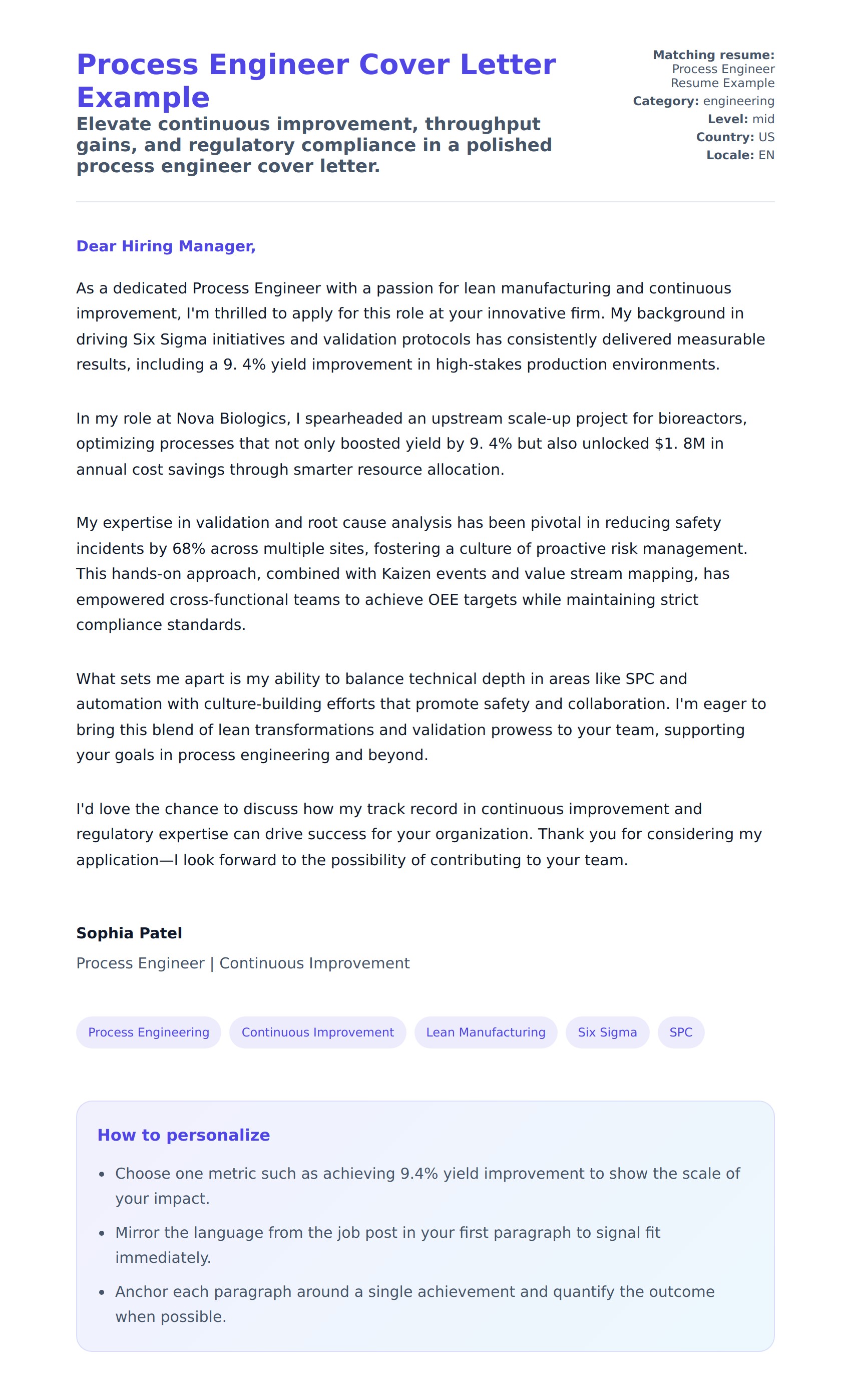 Cover Letter preview for Process Engineer Cover Letter Example