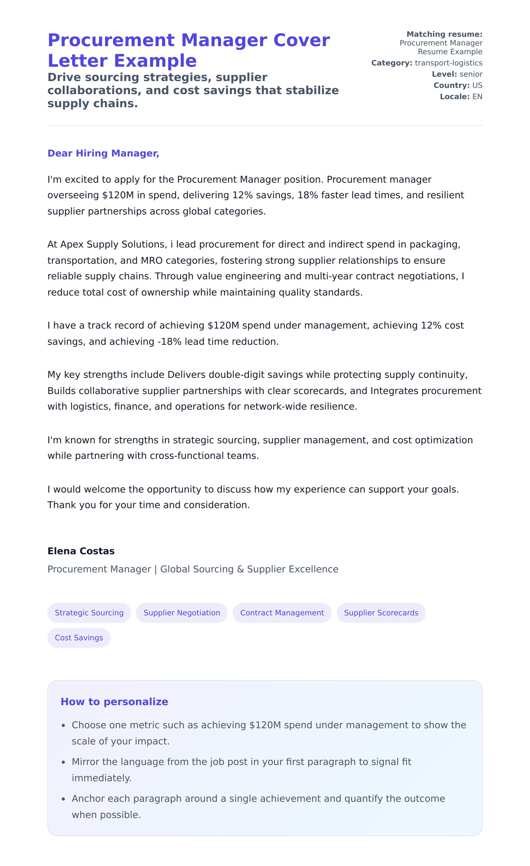 Cover Letter preview for Procurement Manager Cover Letter Example