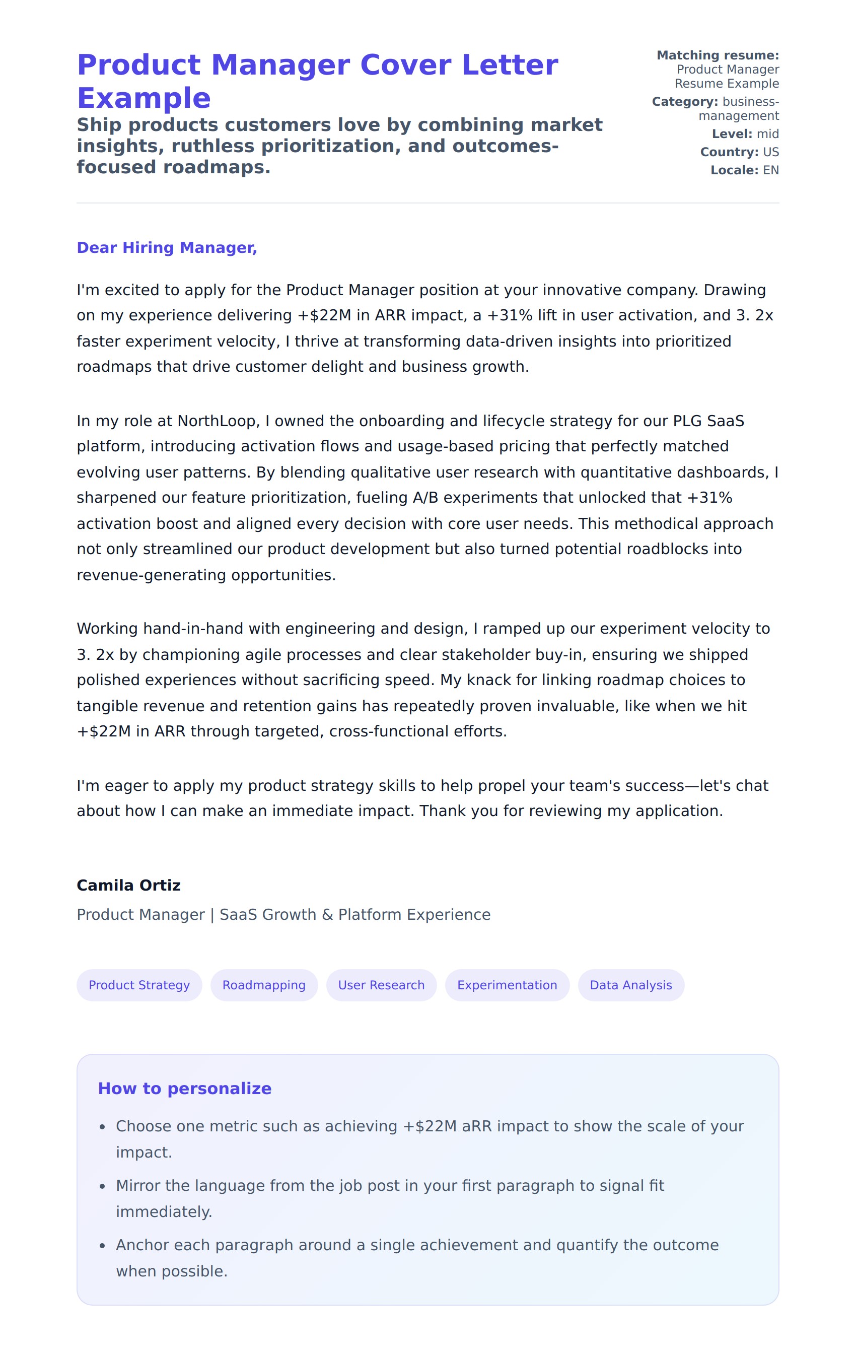 Cover Letter preview for Product Manager Cover Letter Example