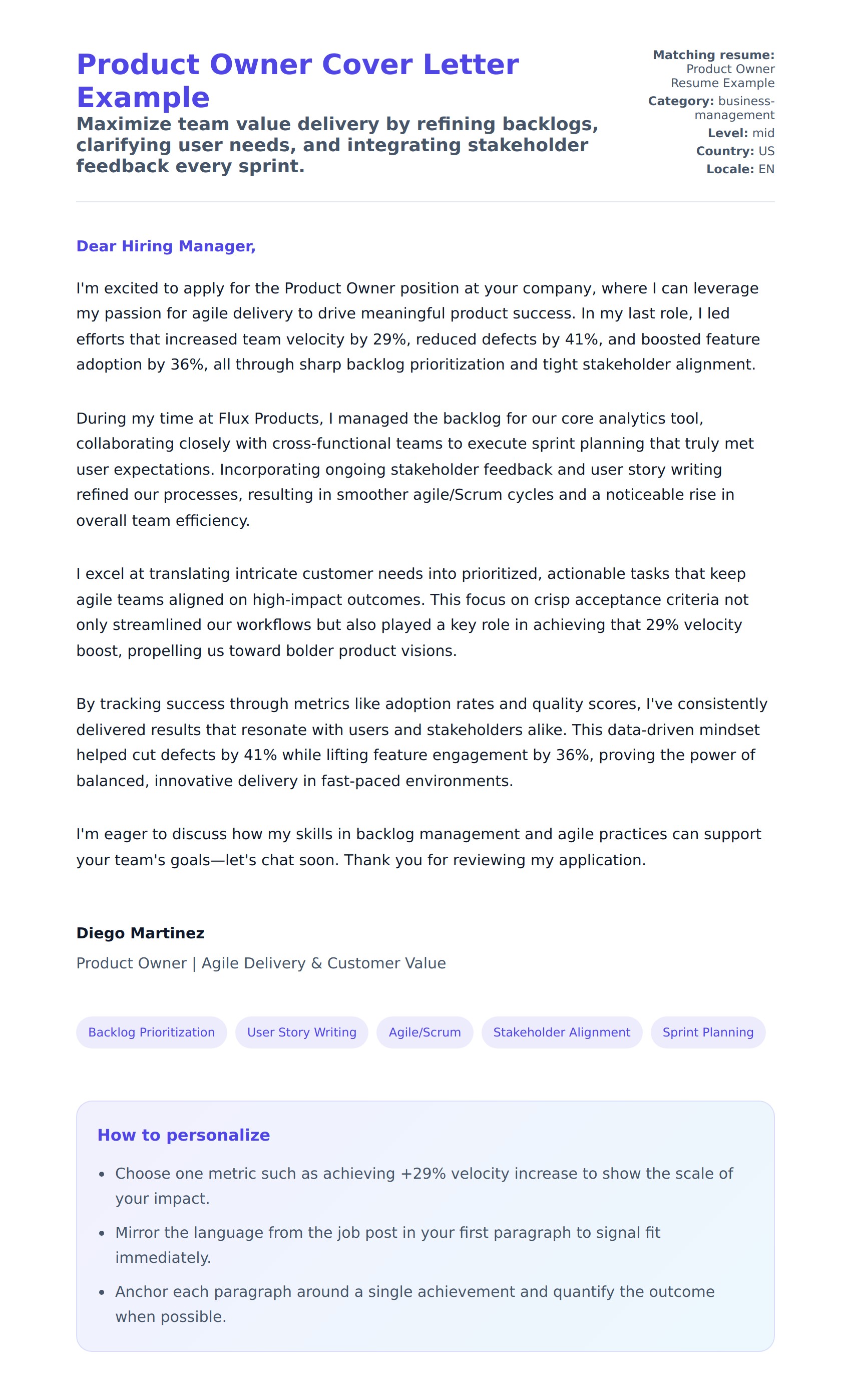 Cover Letter preview for Product Owner Cover Letter Example