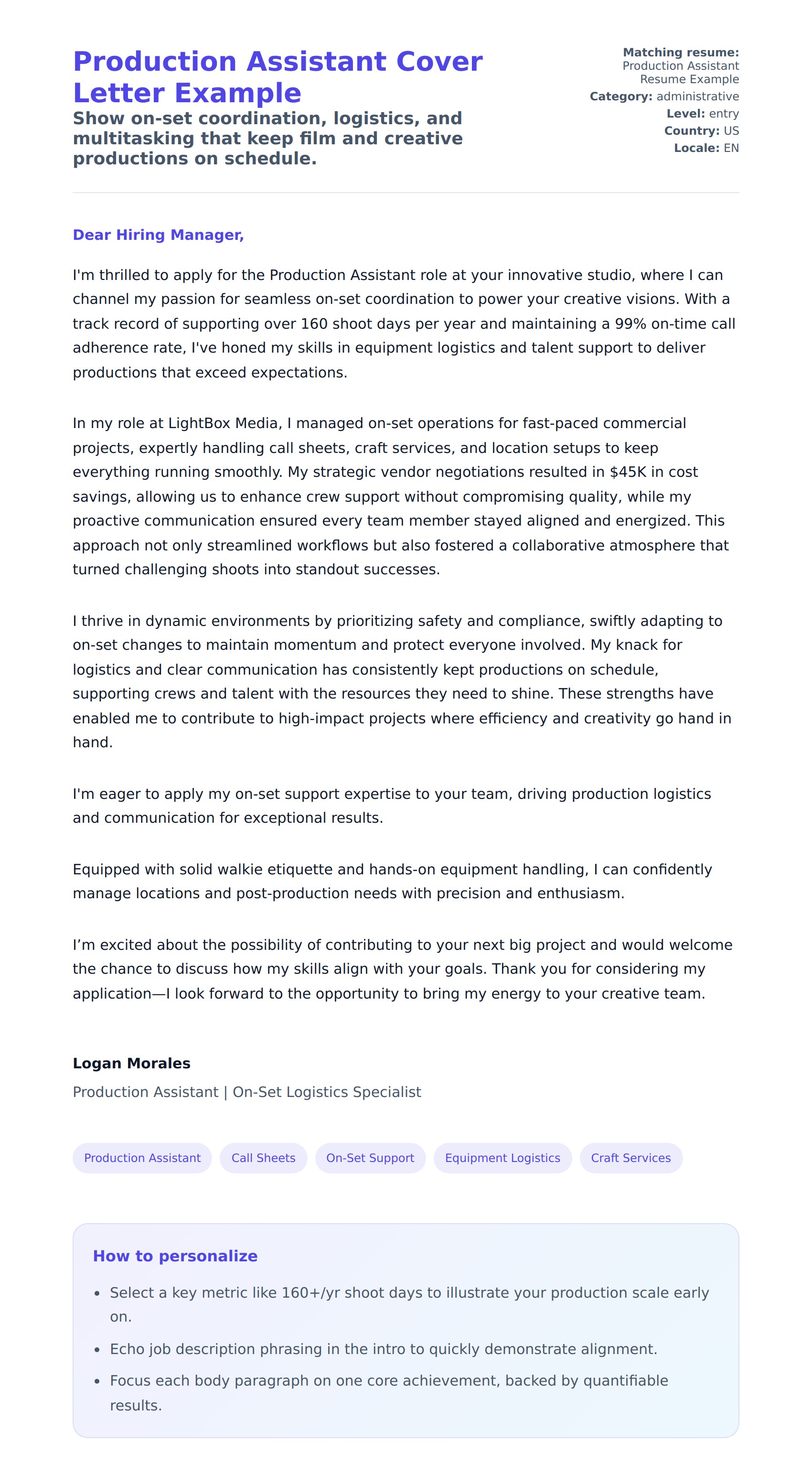 Cover Letter preview for Production Assistant Cover Letter Example