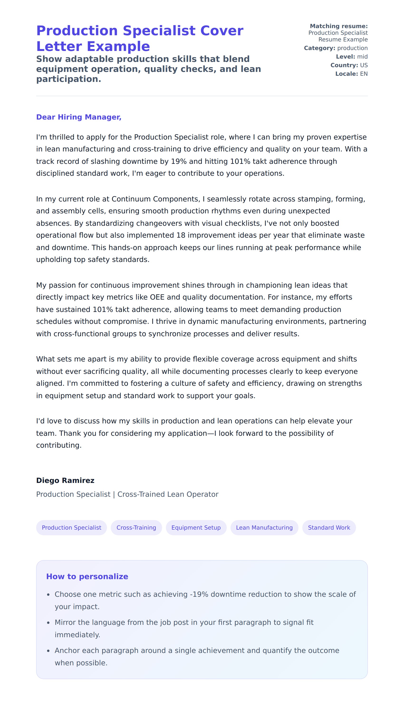 Cover Letter preview for Production Specialist Cover Letter Example