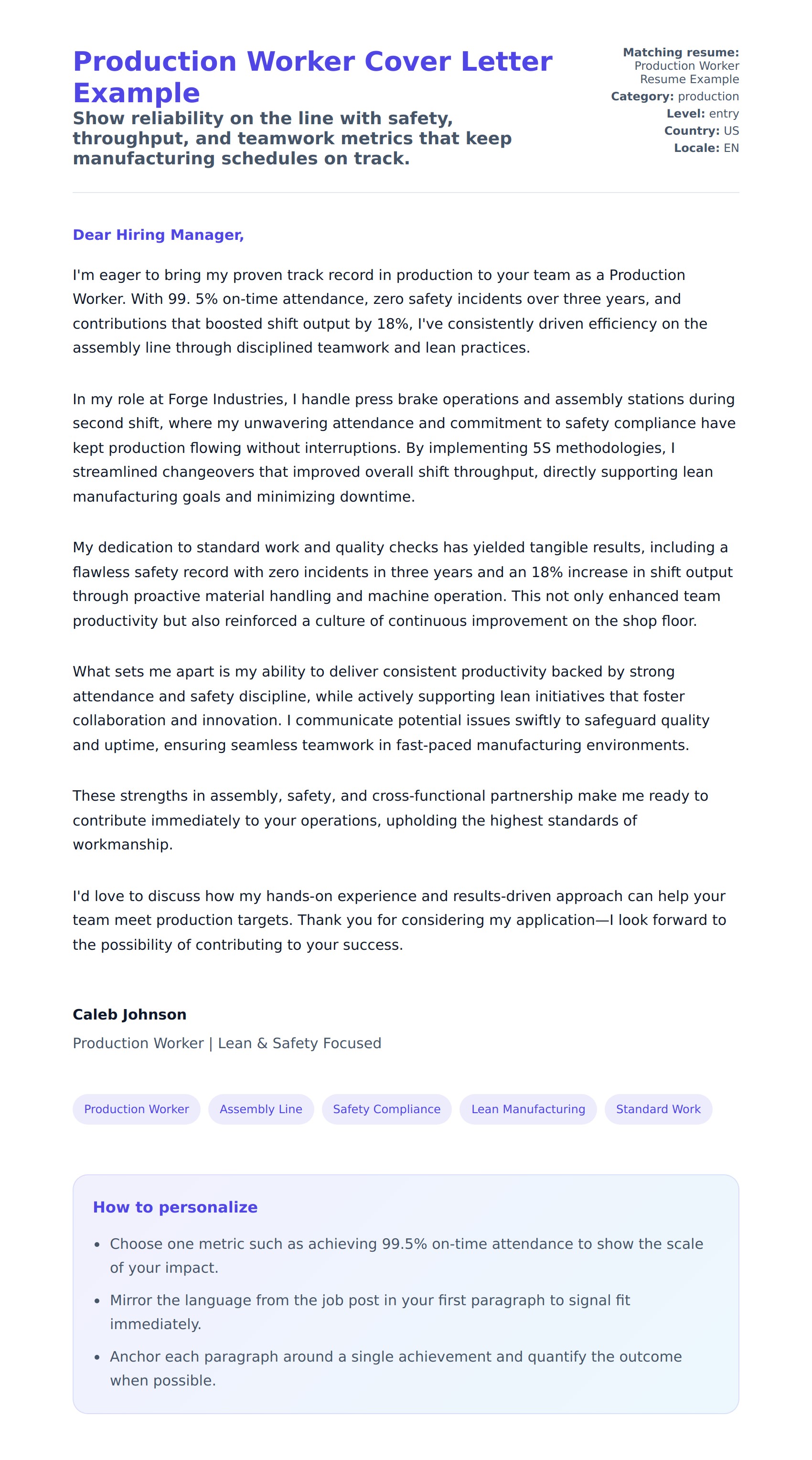 Cover Letter preview for Production Worker Cover Letter Example