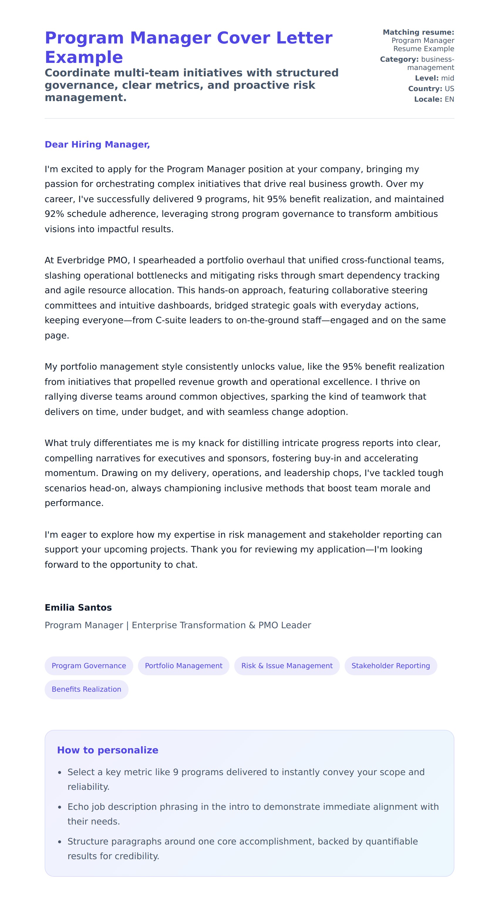 Cover Letter preview for Program Manager Cover Letter Example