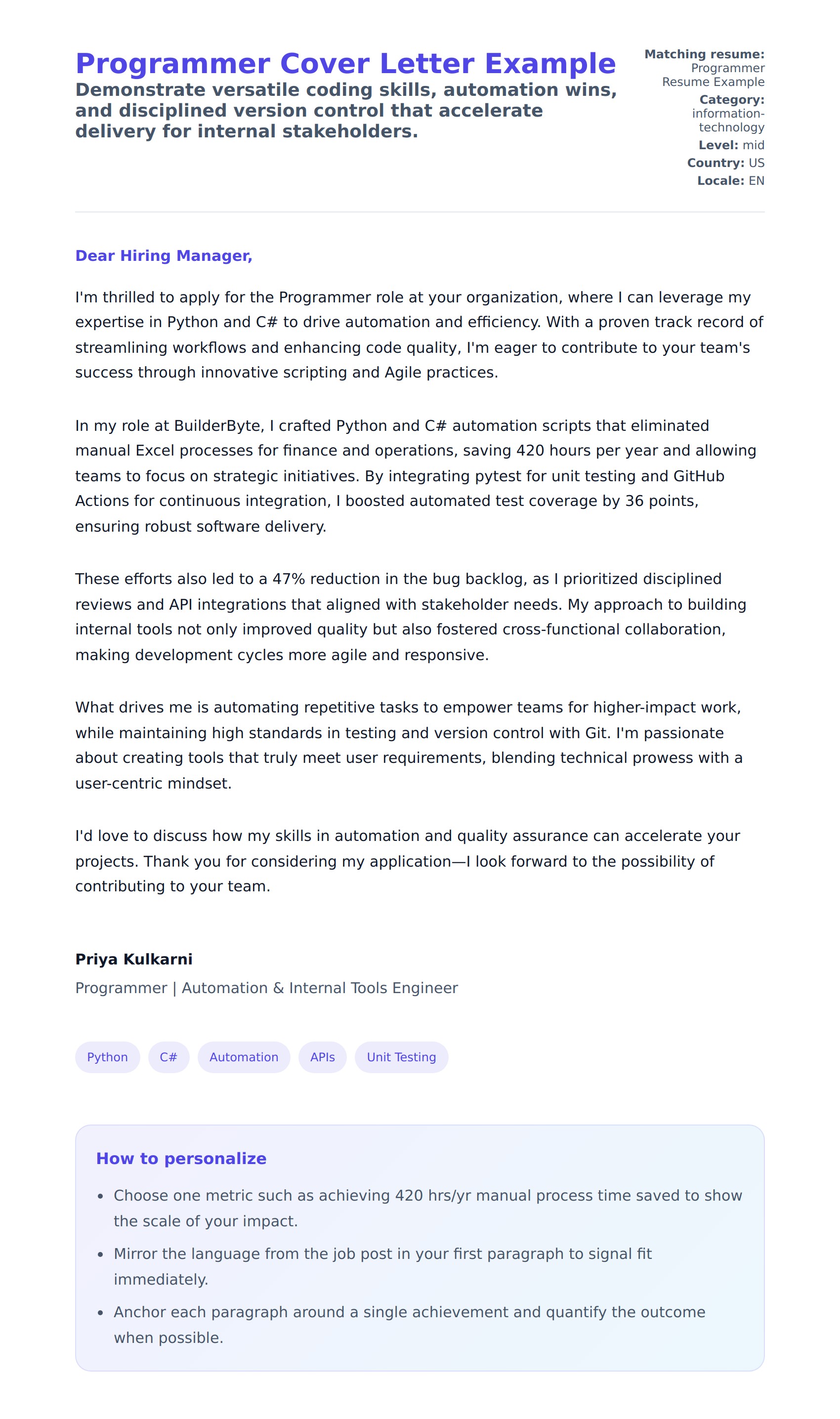 Cover Letter preview for Programmer Cover Letter Example
