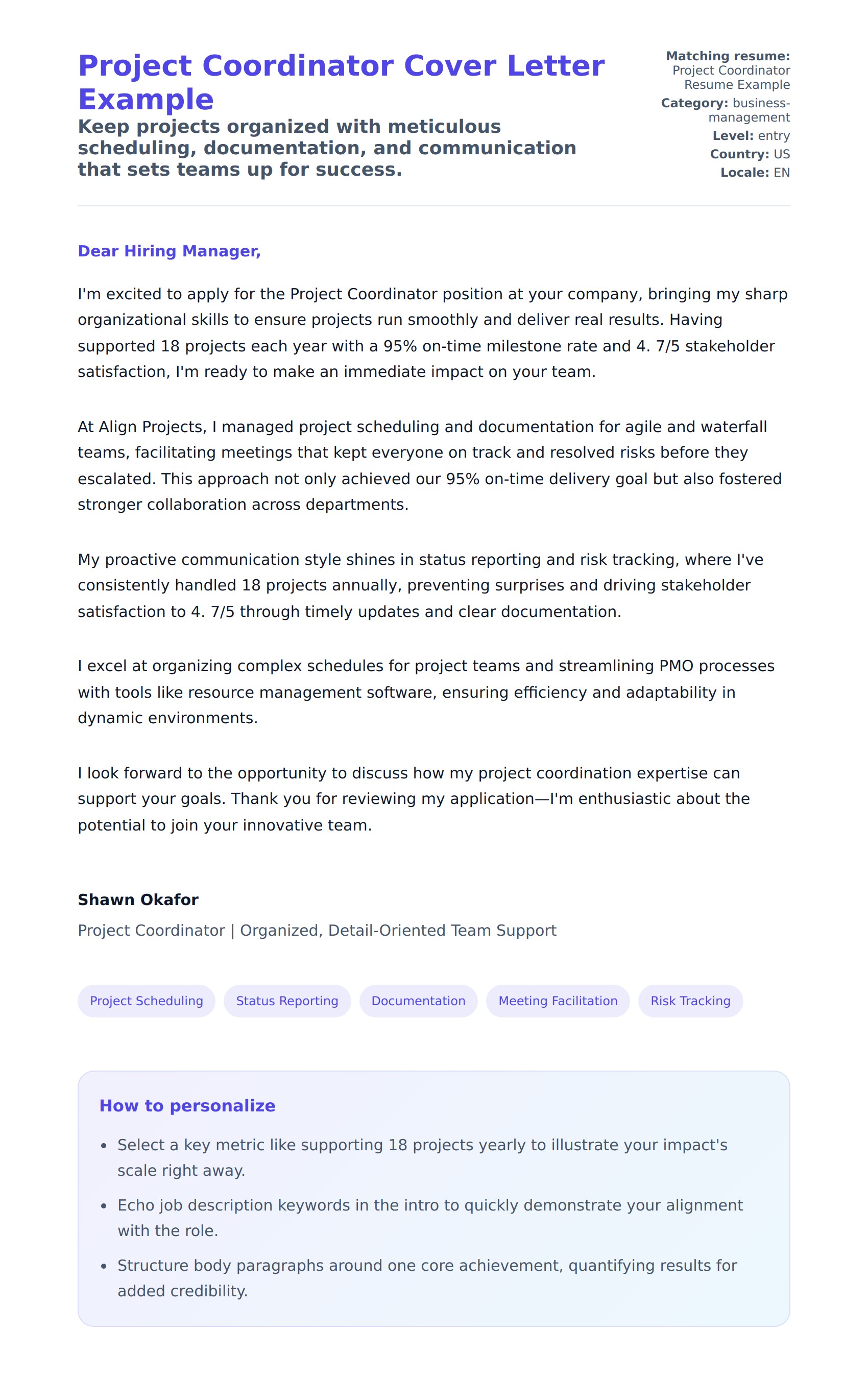 Cover Letter preview for Project Coordinator Cover Letter Example