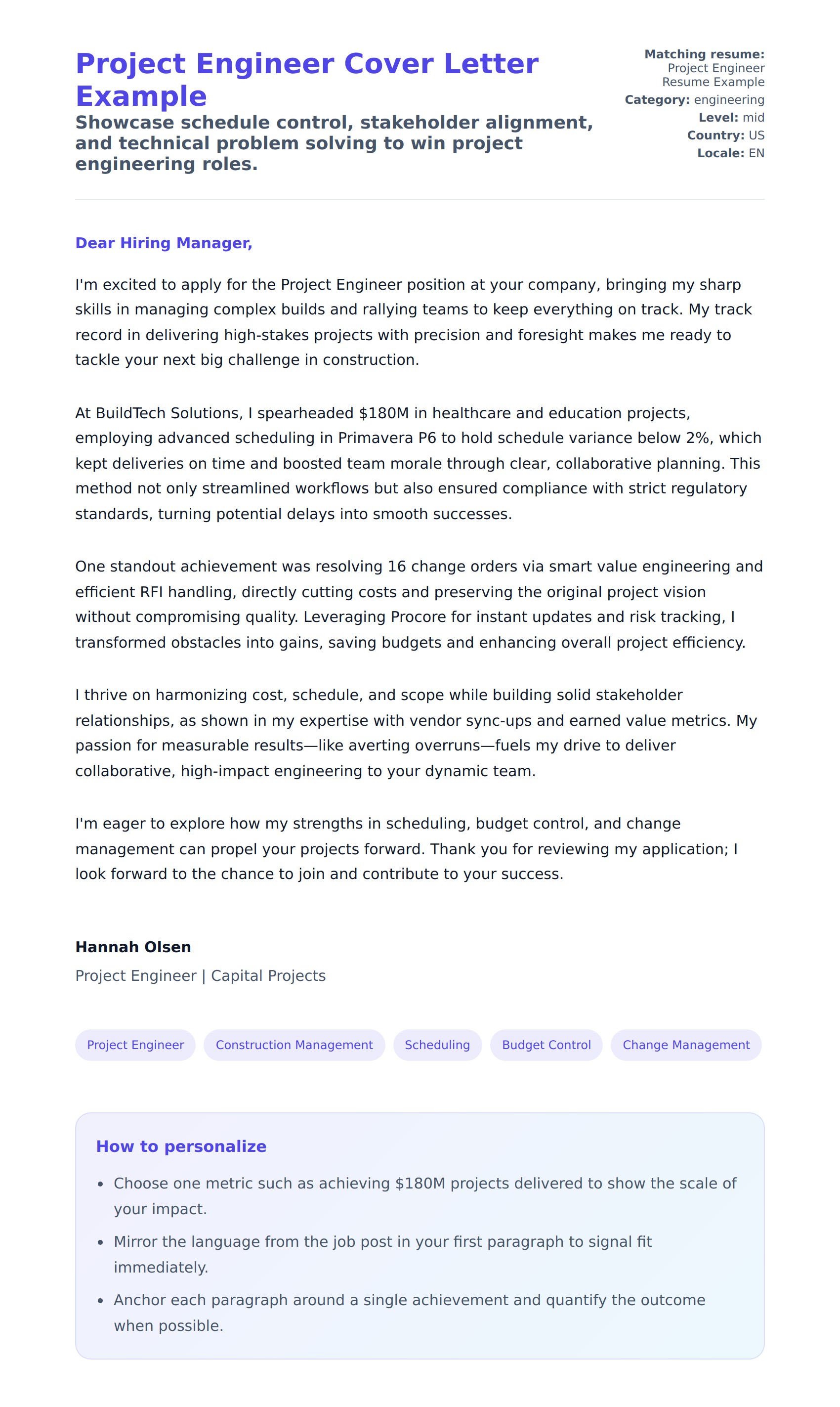 Cover Letter preview for Project Engineer Cover Letter Example