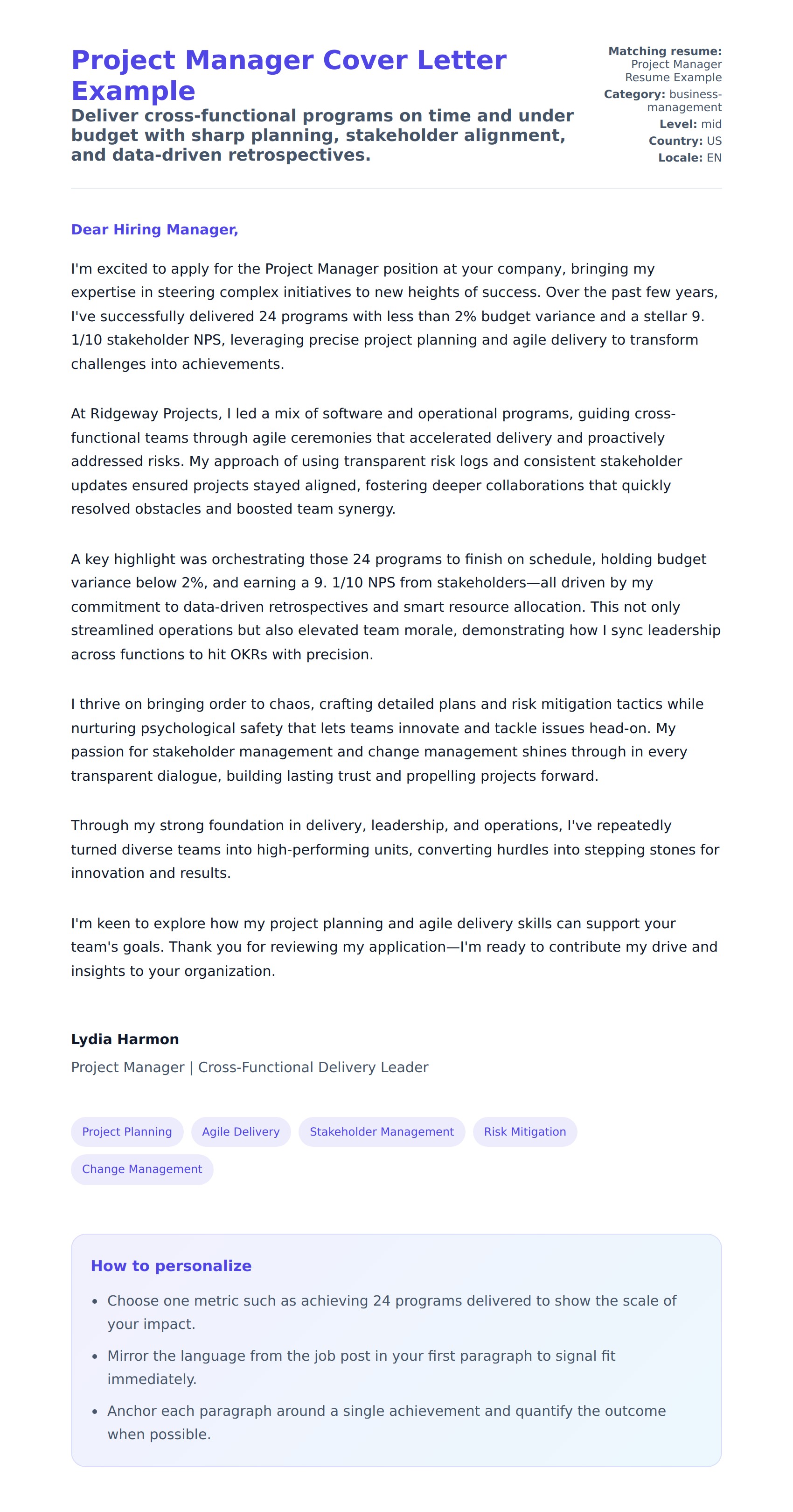 Cover Letter preview for Project Manager Cover Letter Example