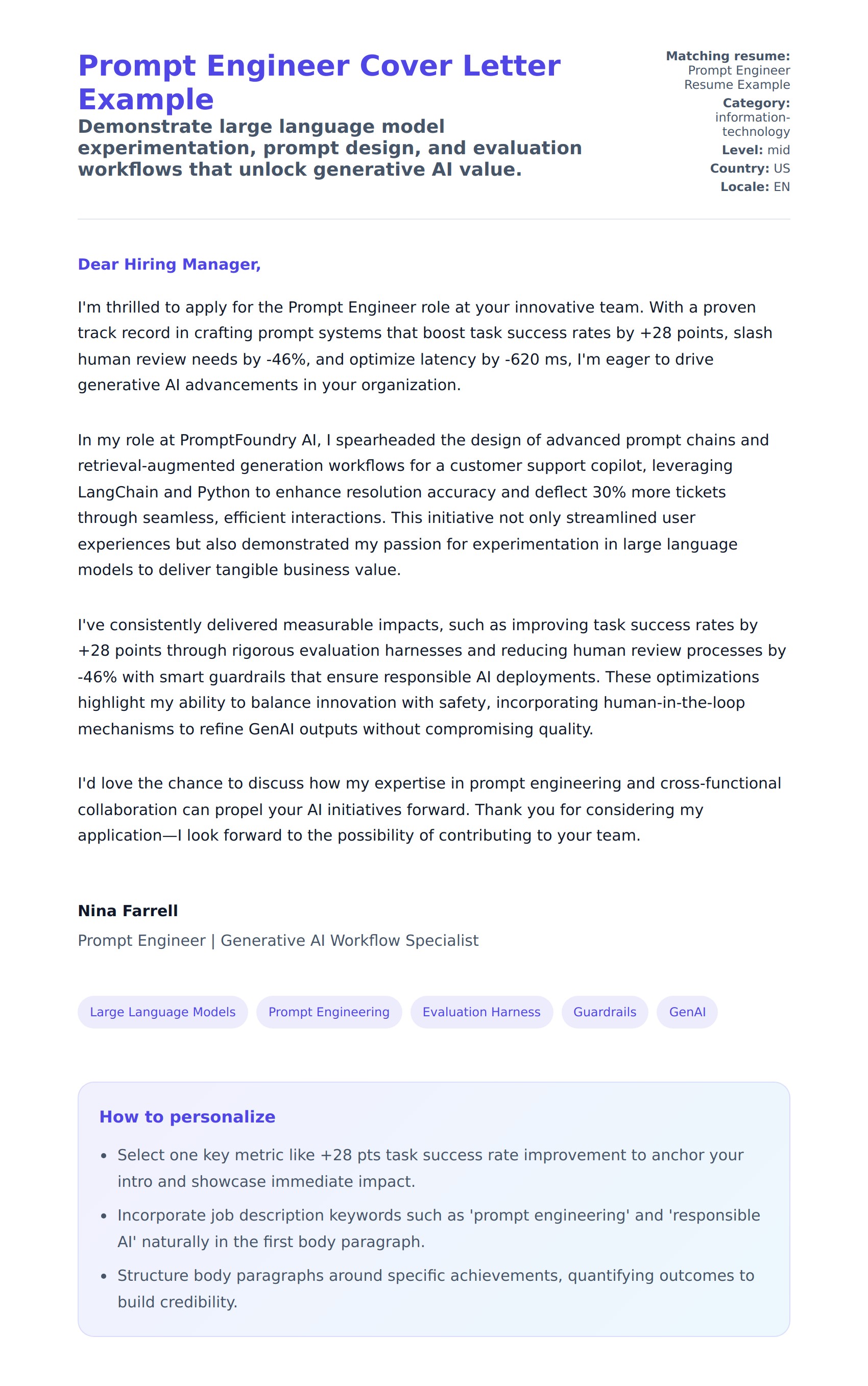Cover Letter preview for Prompt Engineer Cover Letter Example