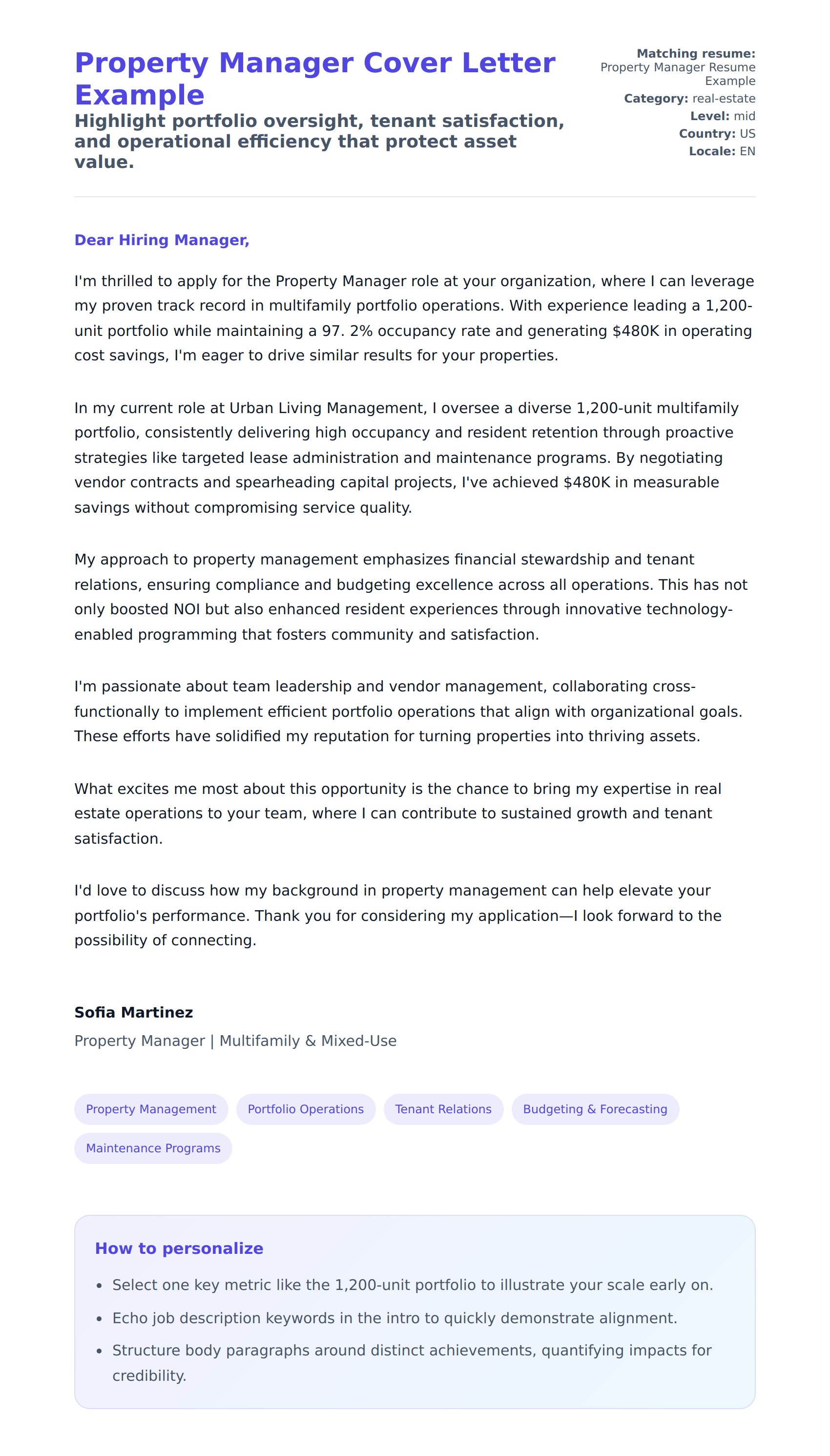 Cover Letter preview for Property Manager Cover Letter Example