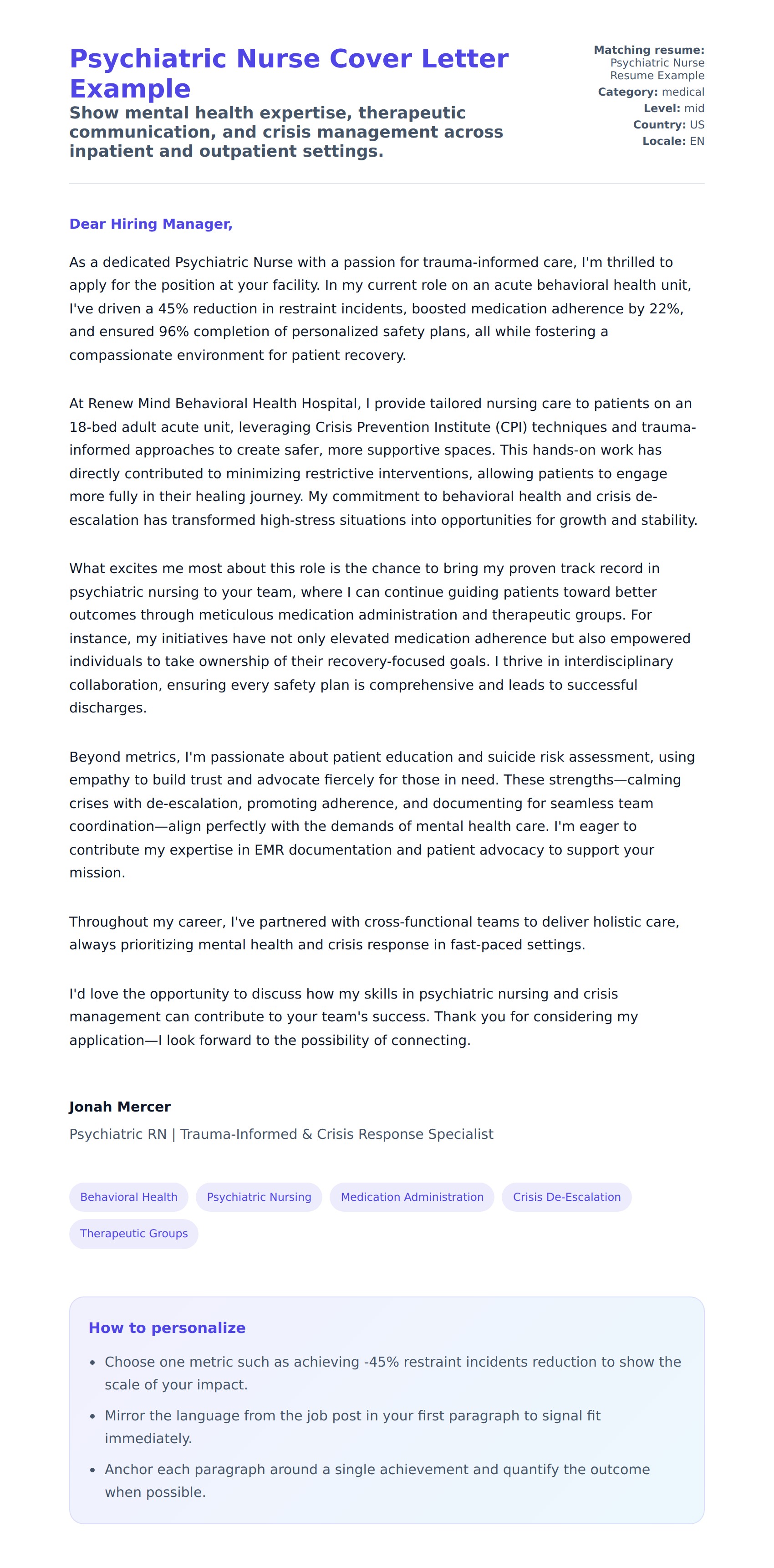 Cover Letter preview for Psychiatric Nurse Cover Letter Example