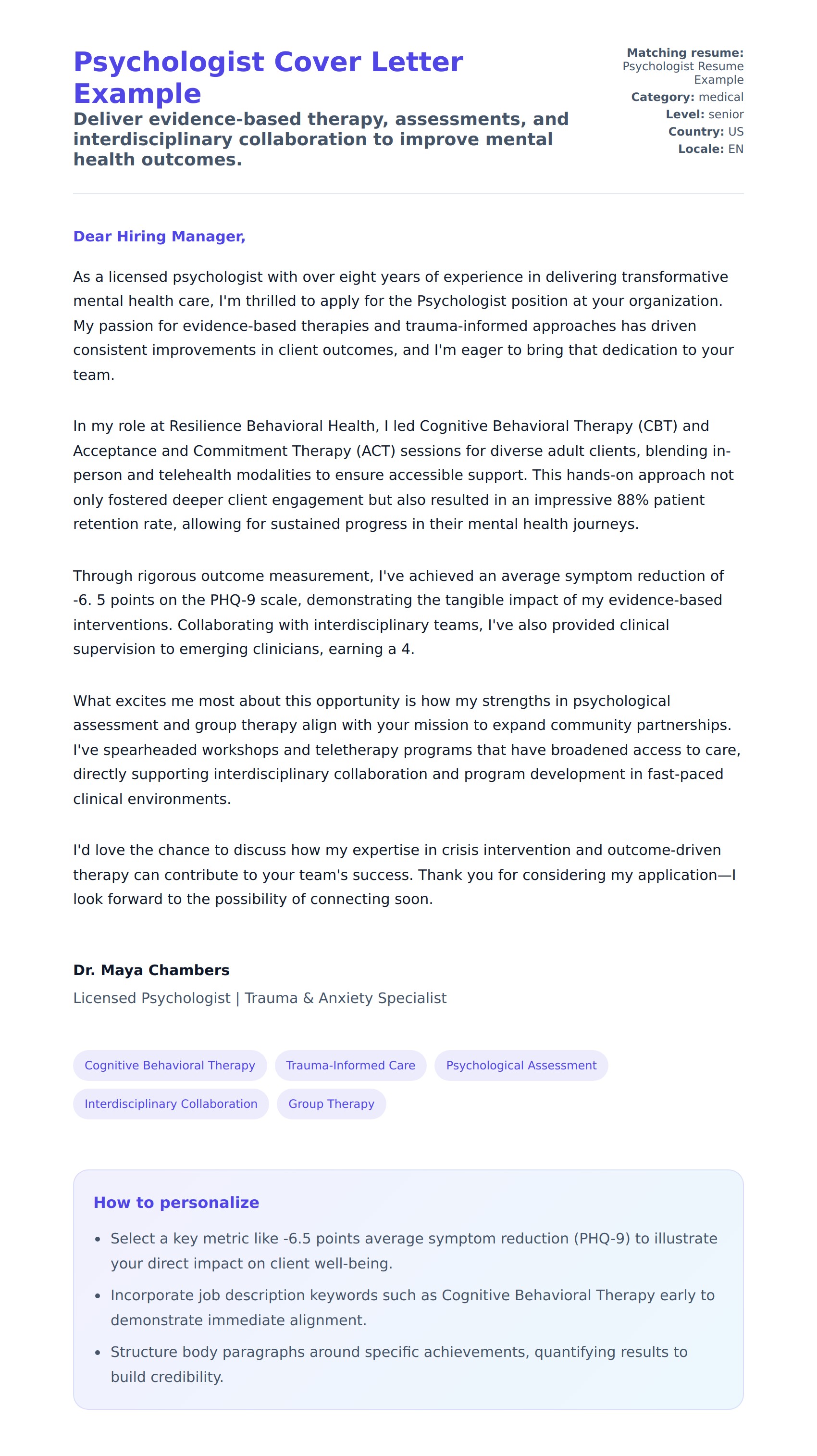 Cover Letter preview for Psychologist Cover Letter Example