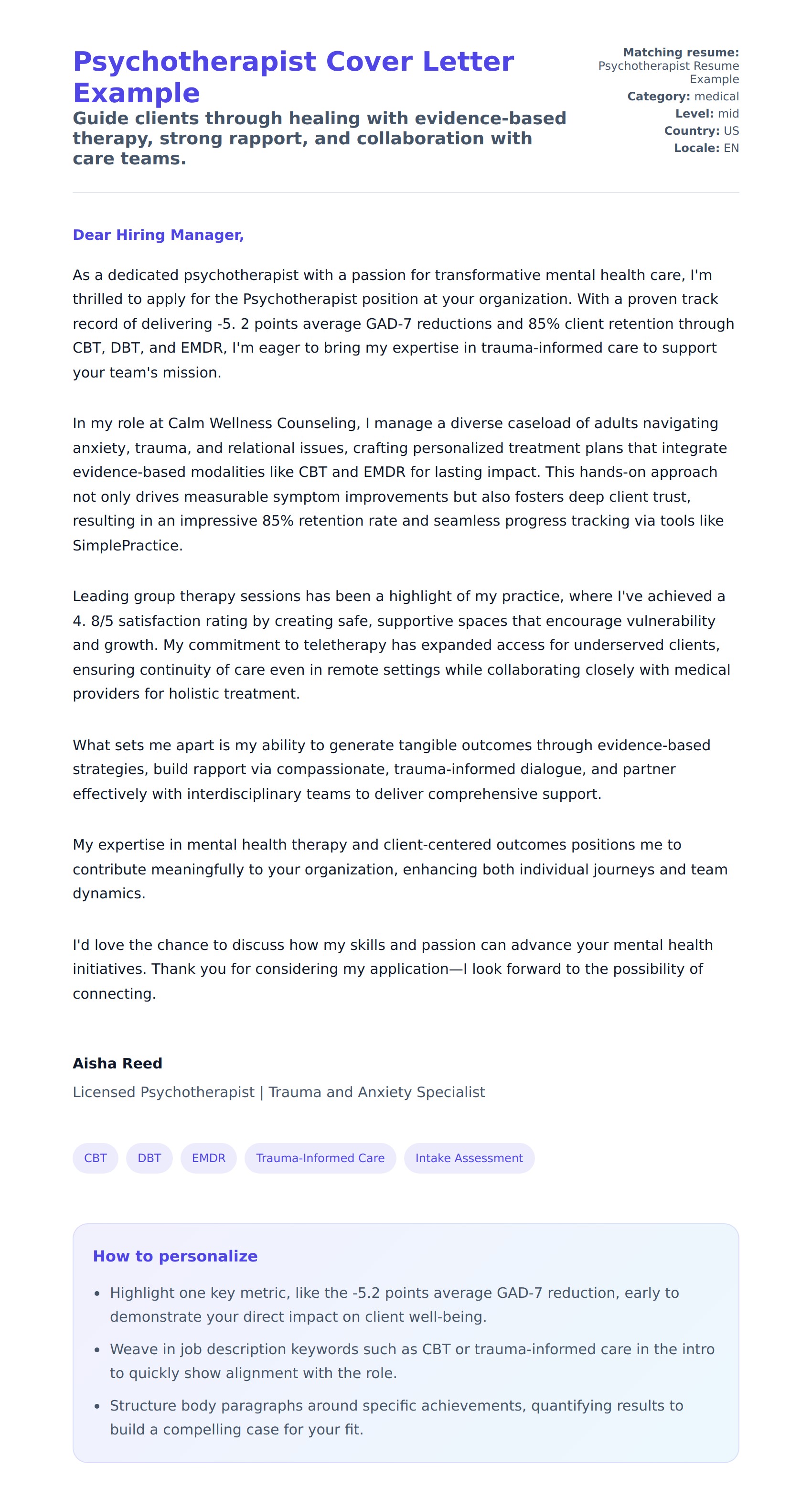 Cover Letter preview for Psychotherapist Cover Letter Example