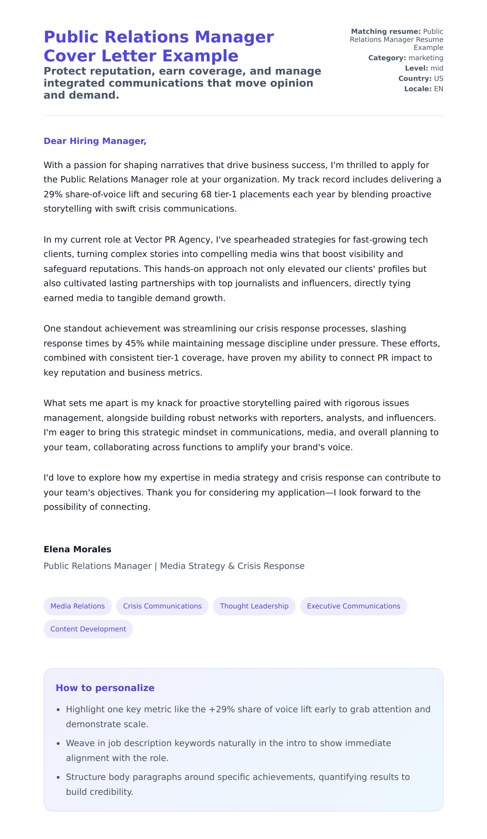 Cover Letter preview for Public Relations Manager Cover Letter Example