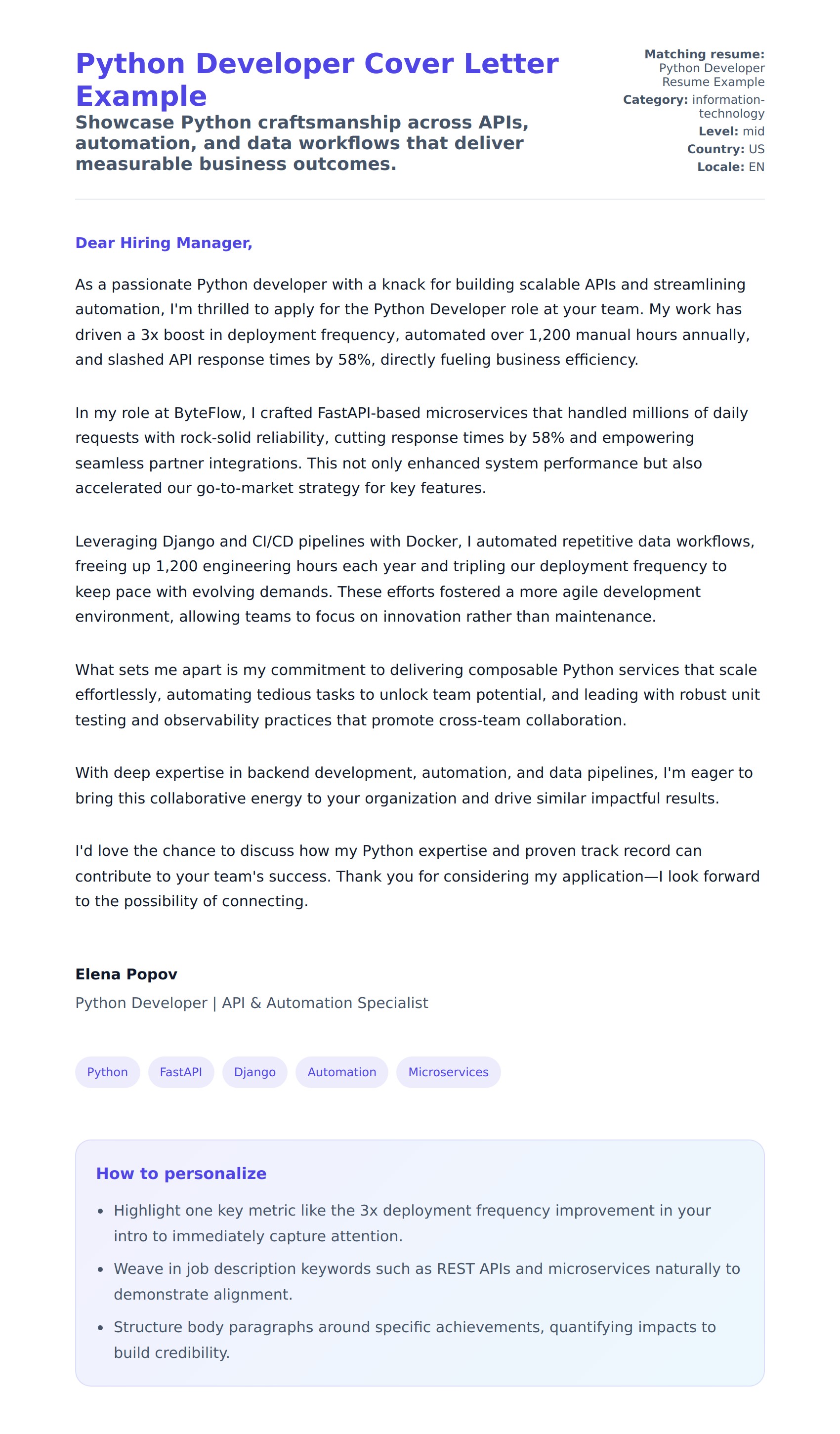 Cover Letter preview for Python Developer Cover Letter Example