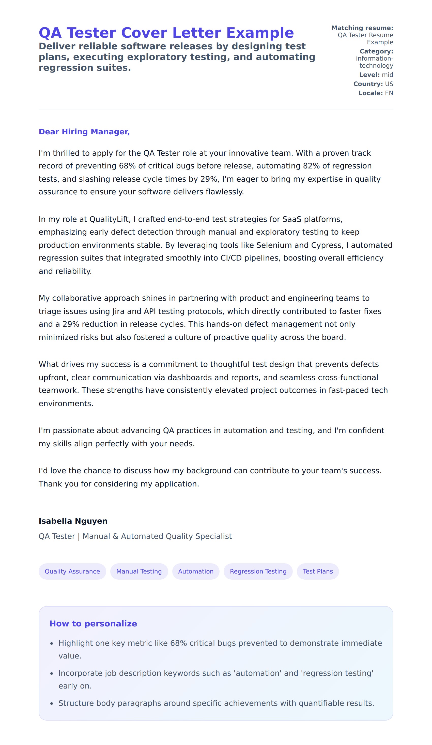 Cover Letter preview for QA Tester Cover Letter Example