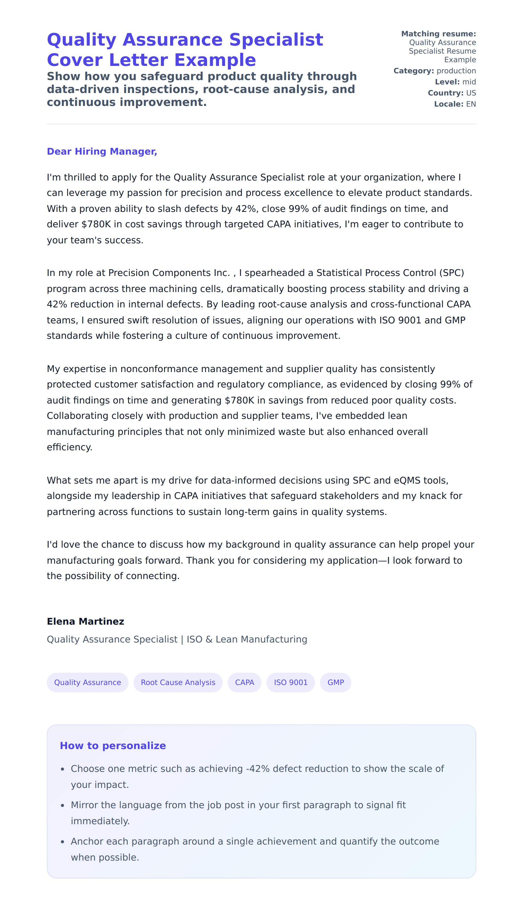 Cover Letter preview for Quality Assurance Specialist Cover Letter Example