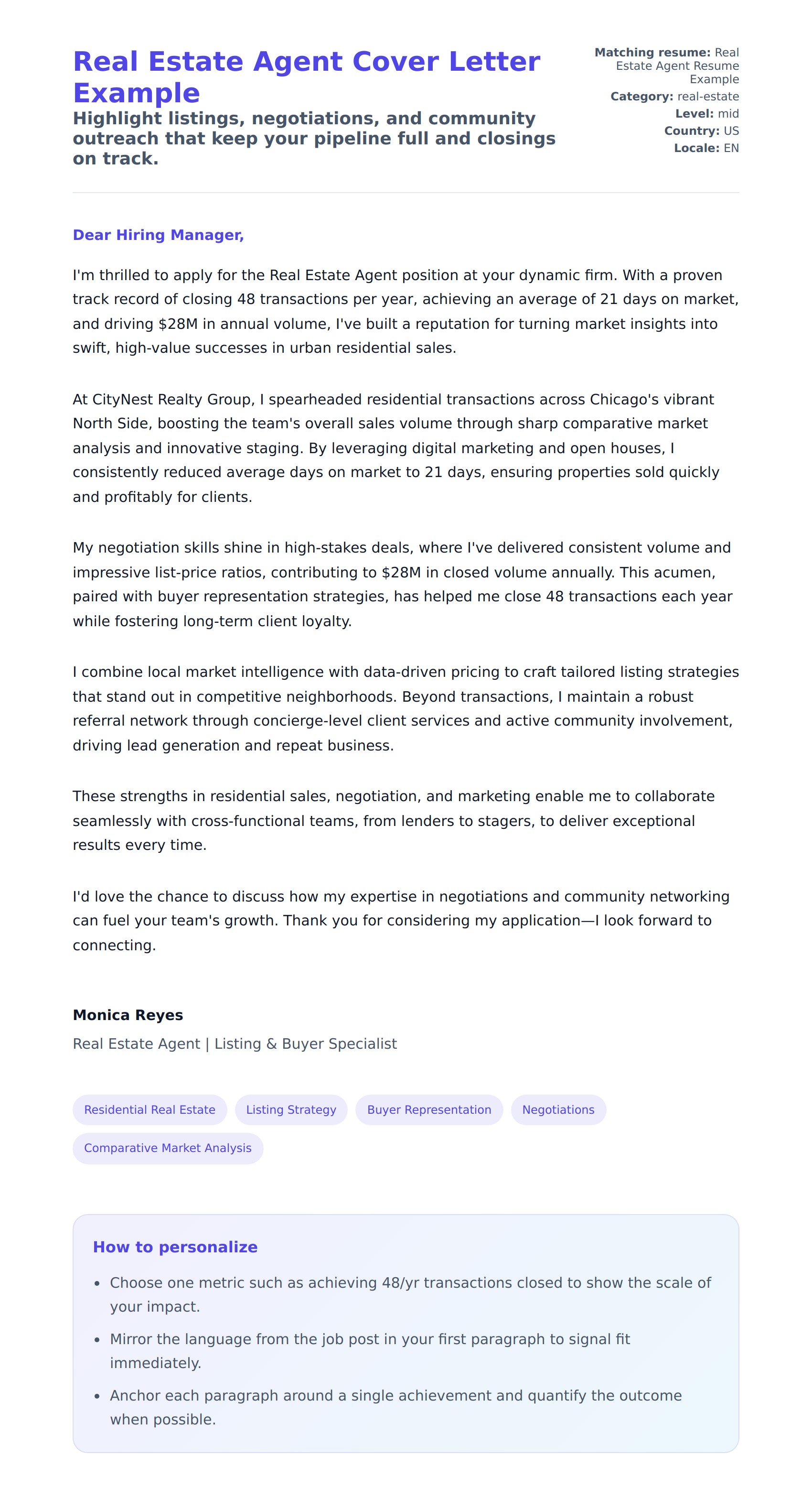 Cover Letter preview for Real Estate Agent Cover Letter Example