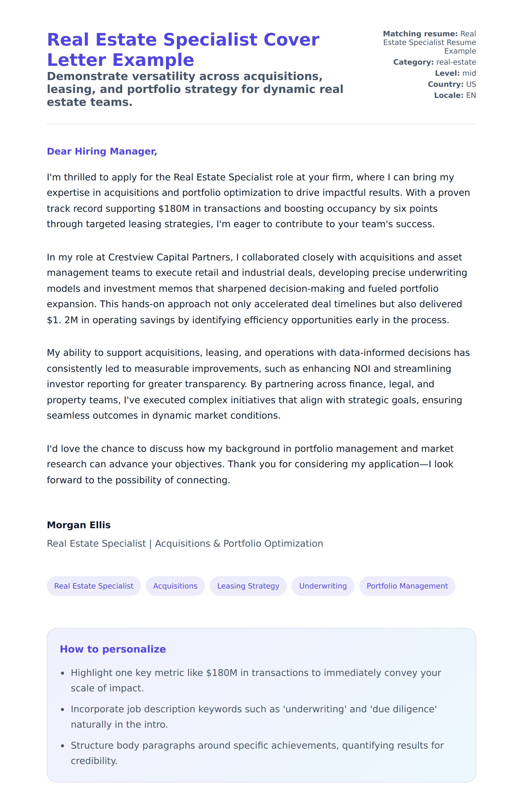 Cover Letter preview for Real Estate Specialist Cover Letter Example