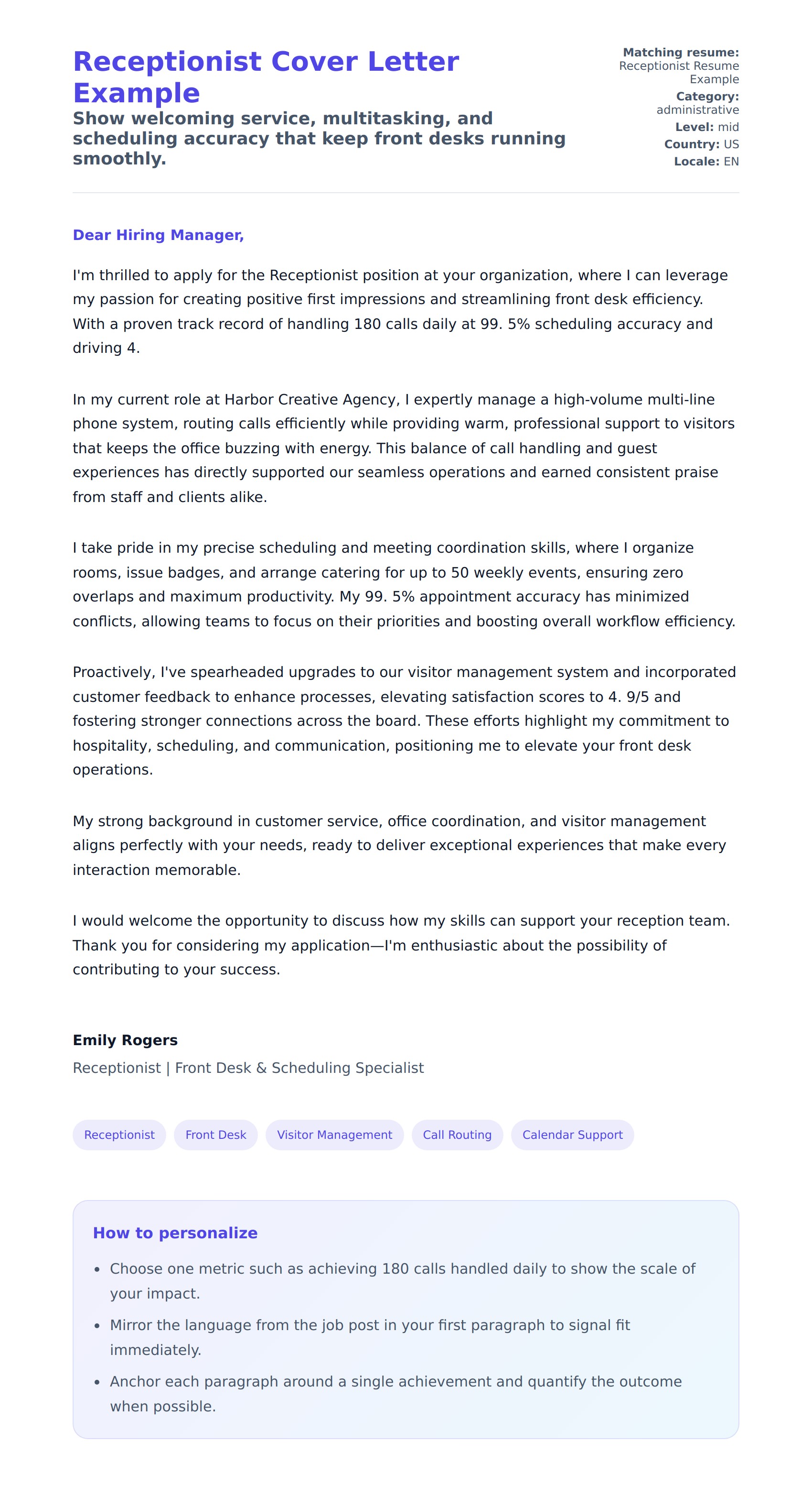 Cover Letter preview for Receptionist Cover Letter Example