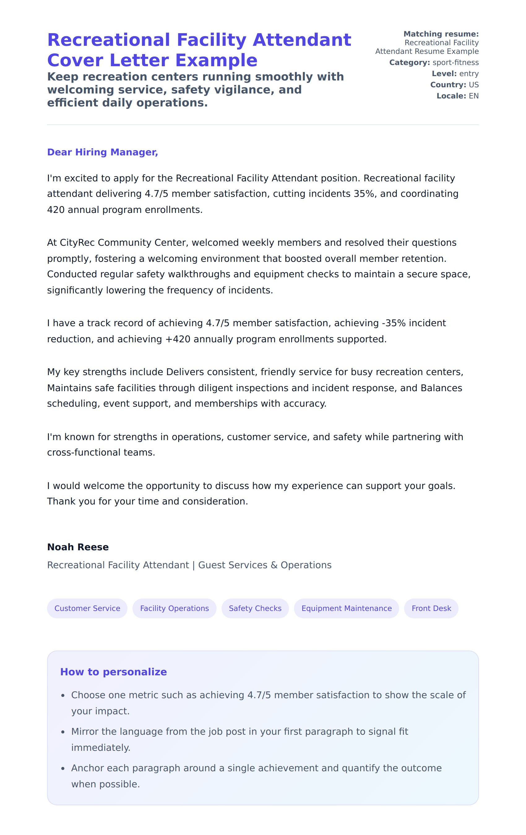 Cover Letter preview for Recreational Facility Attendant Cover Letter Example