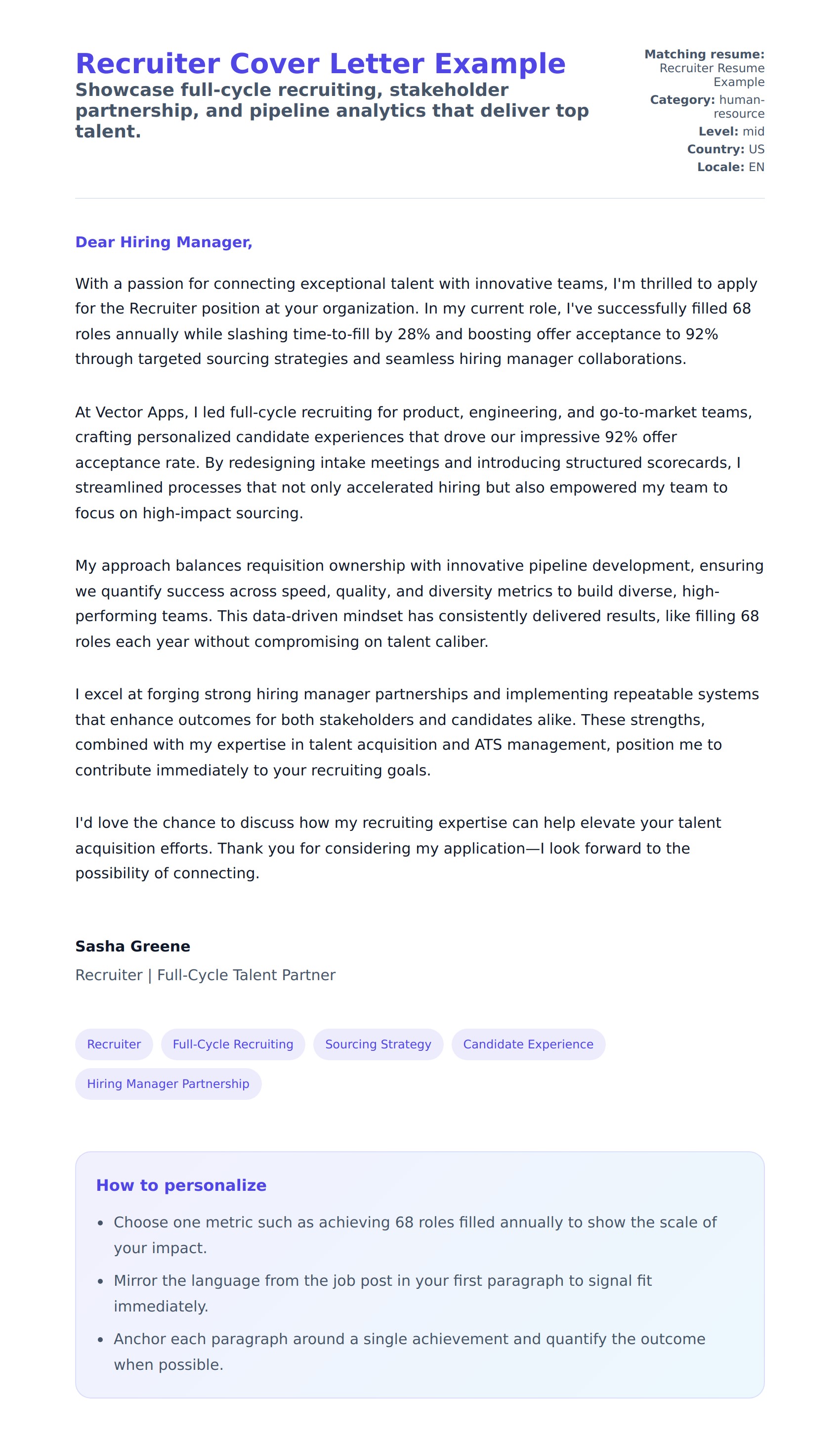 Cover Letter preview for Recruiter Cover Letter Example