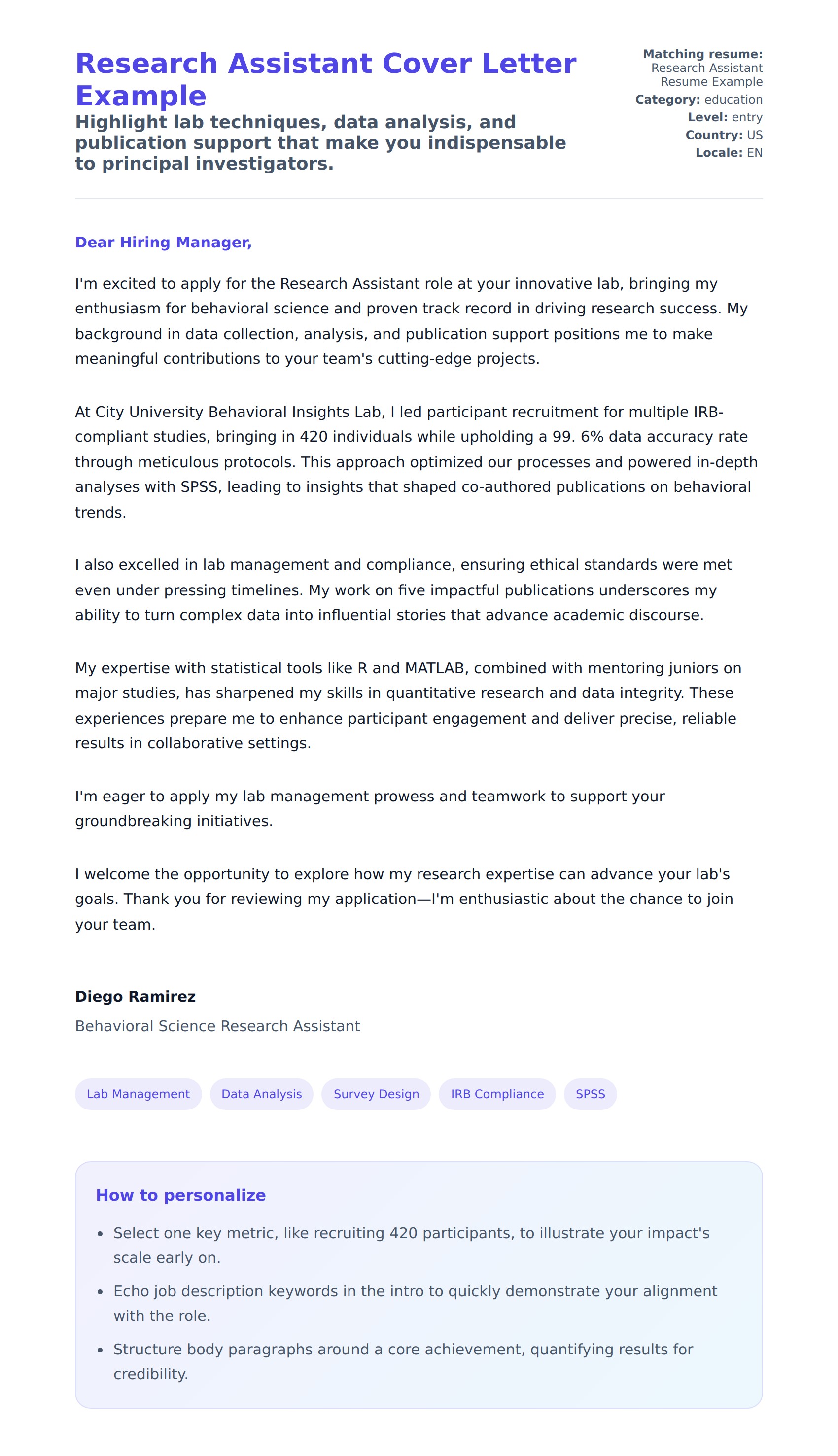 Cover Letter preview for Research Assistant Cover Letter Example
