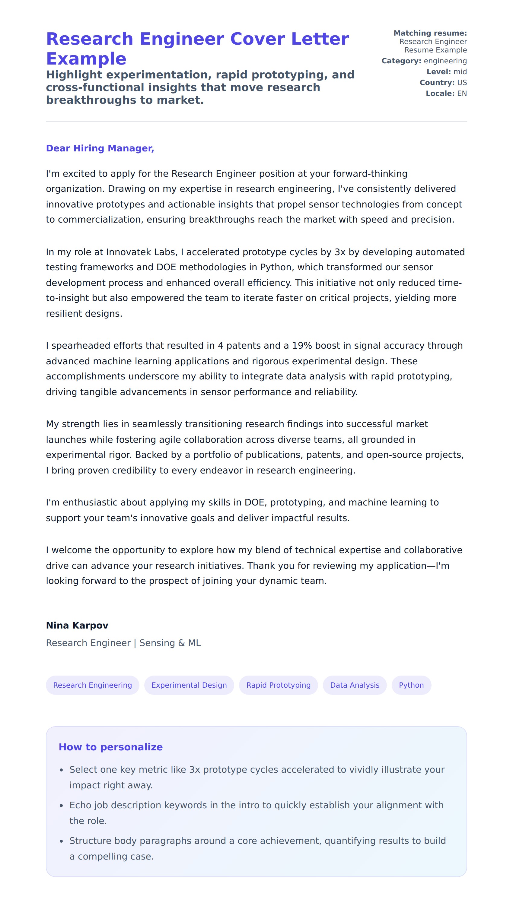 Cover Letter preview for Research Engineer Cover Letter Example