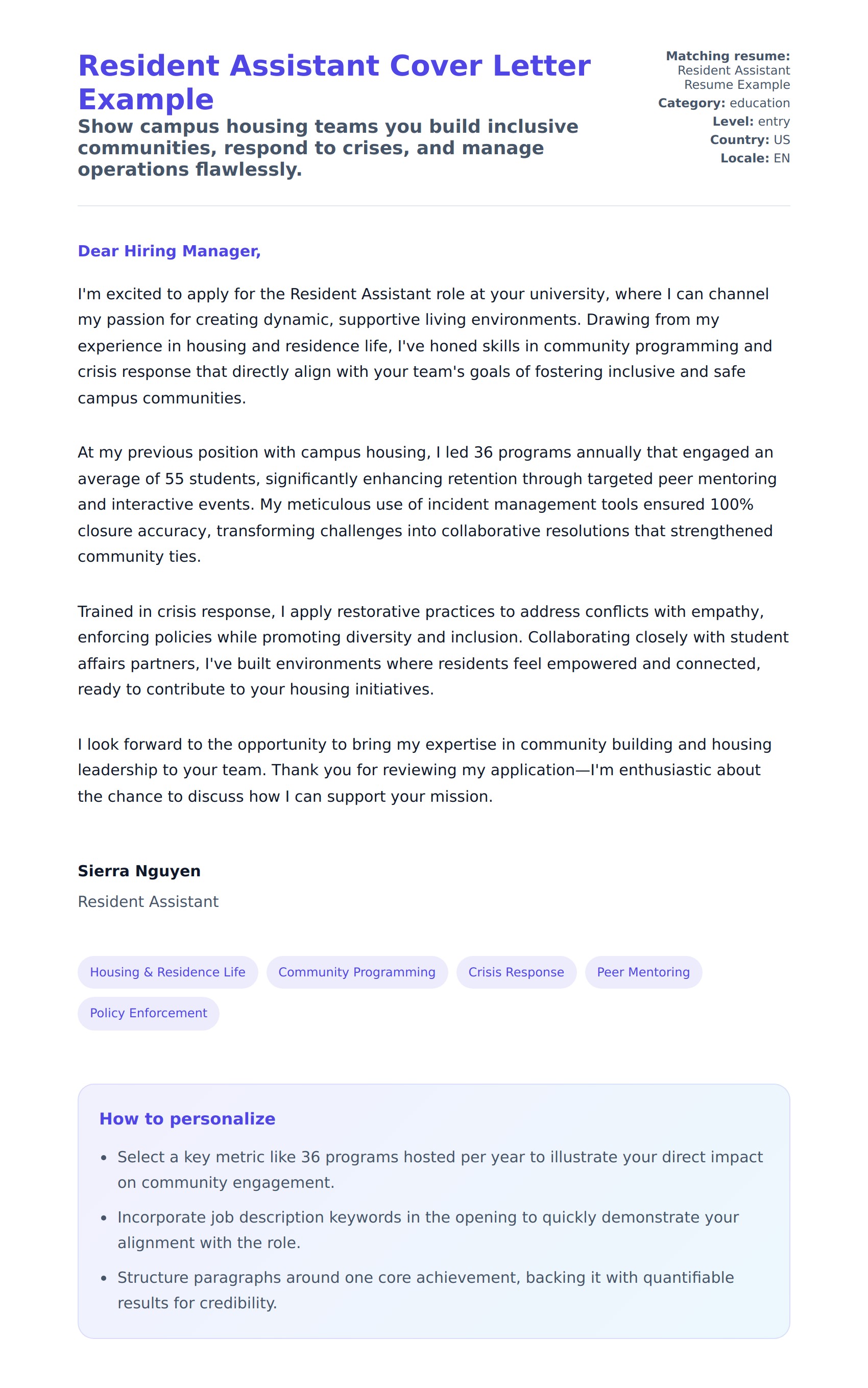 Cover Letter preview for Resident Assistant Cover Letter Example