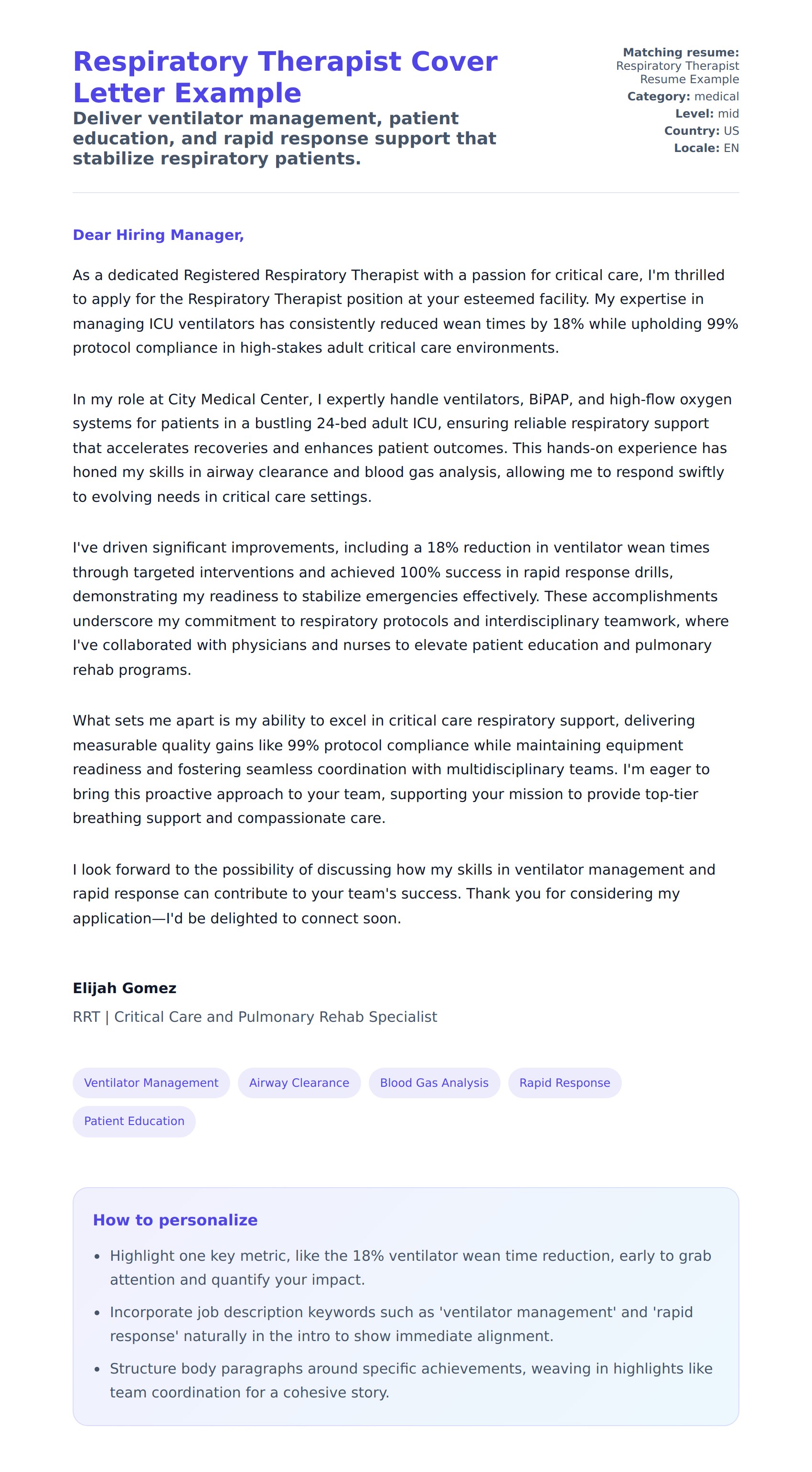 Cover Letter preview for Respiratory Therapist Cover Letter Example