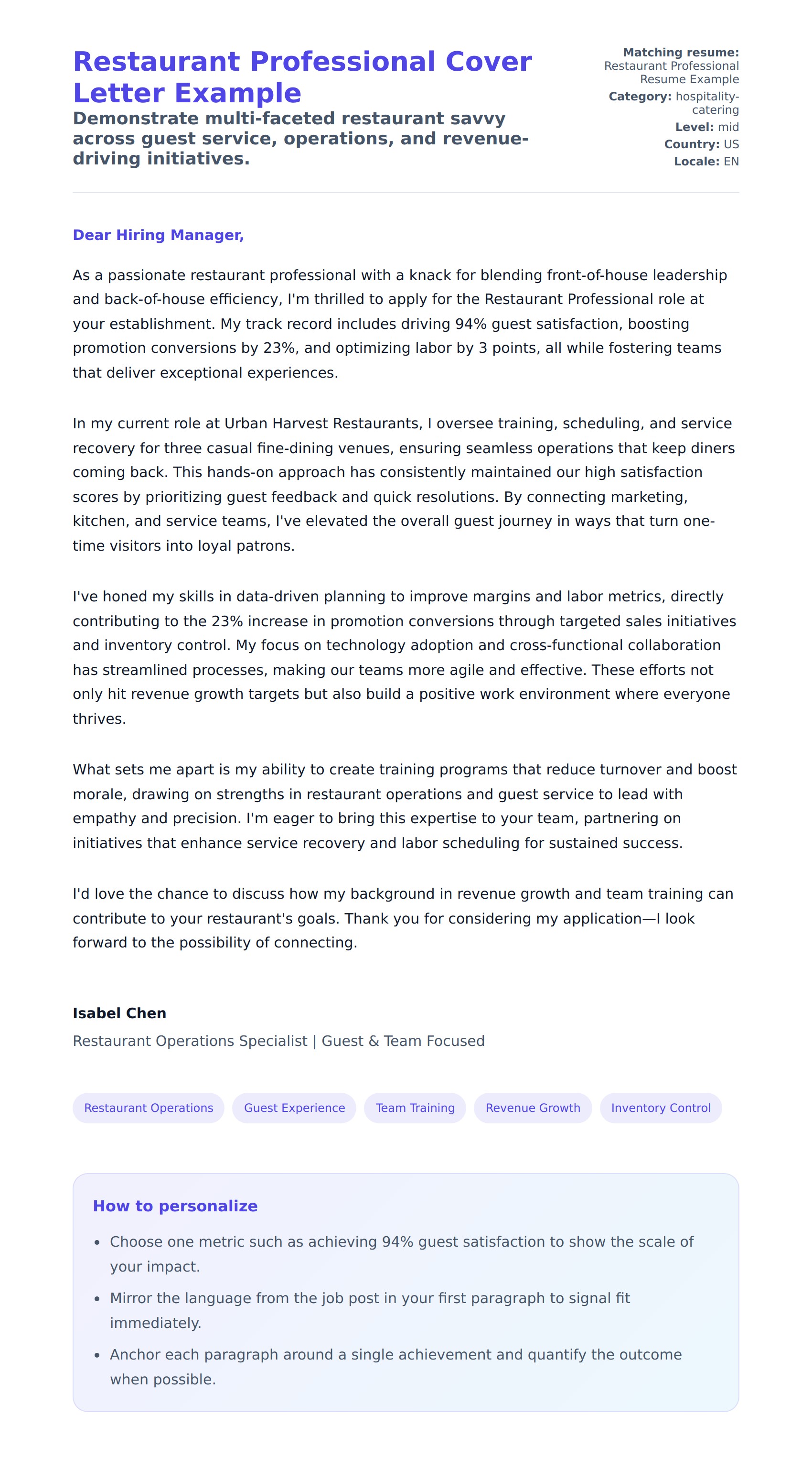 Cover Letter preview for Restaurant Professional Cover Letter Example