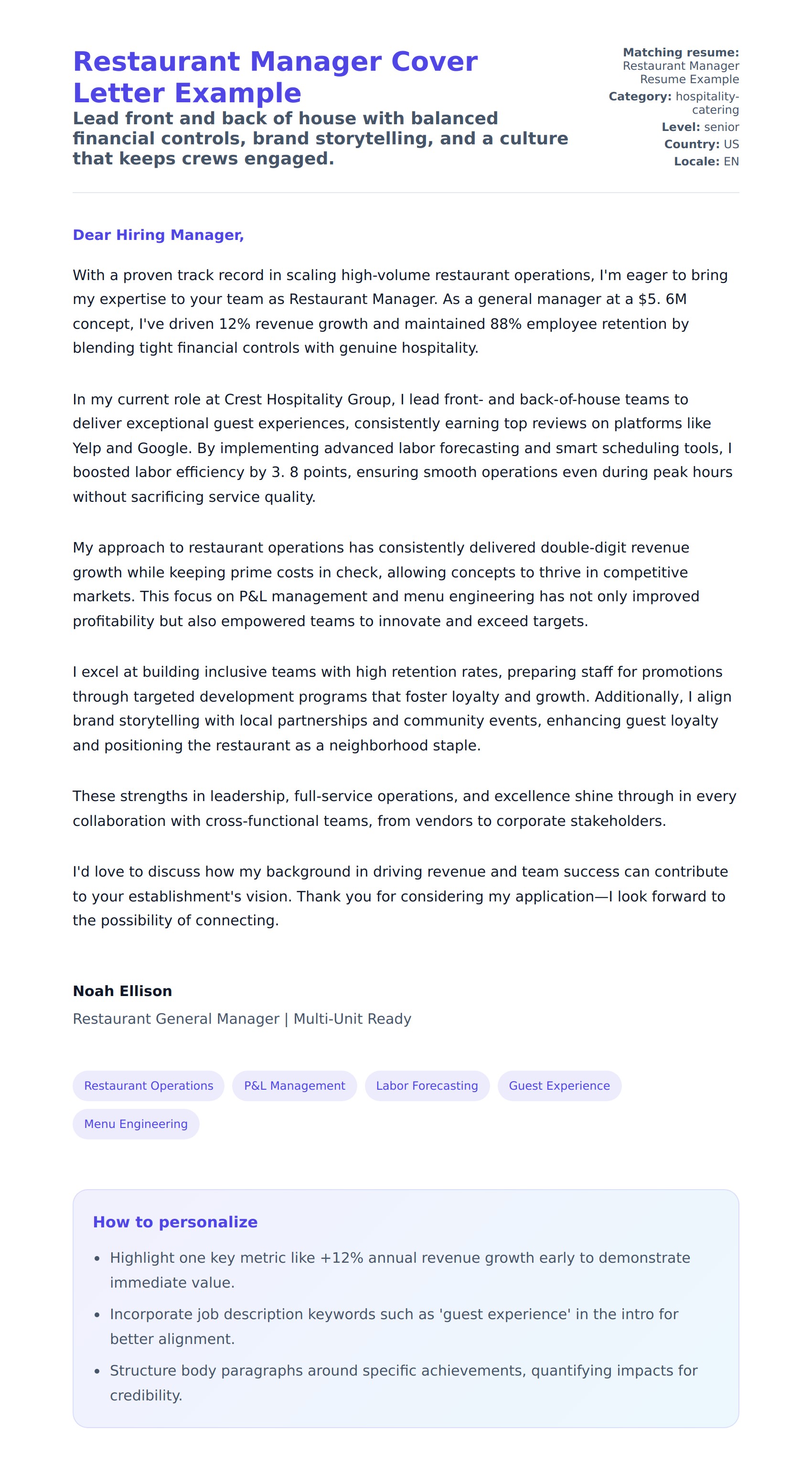 Cover Letter preview for Restaurant Manager Cover Letter Example