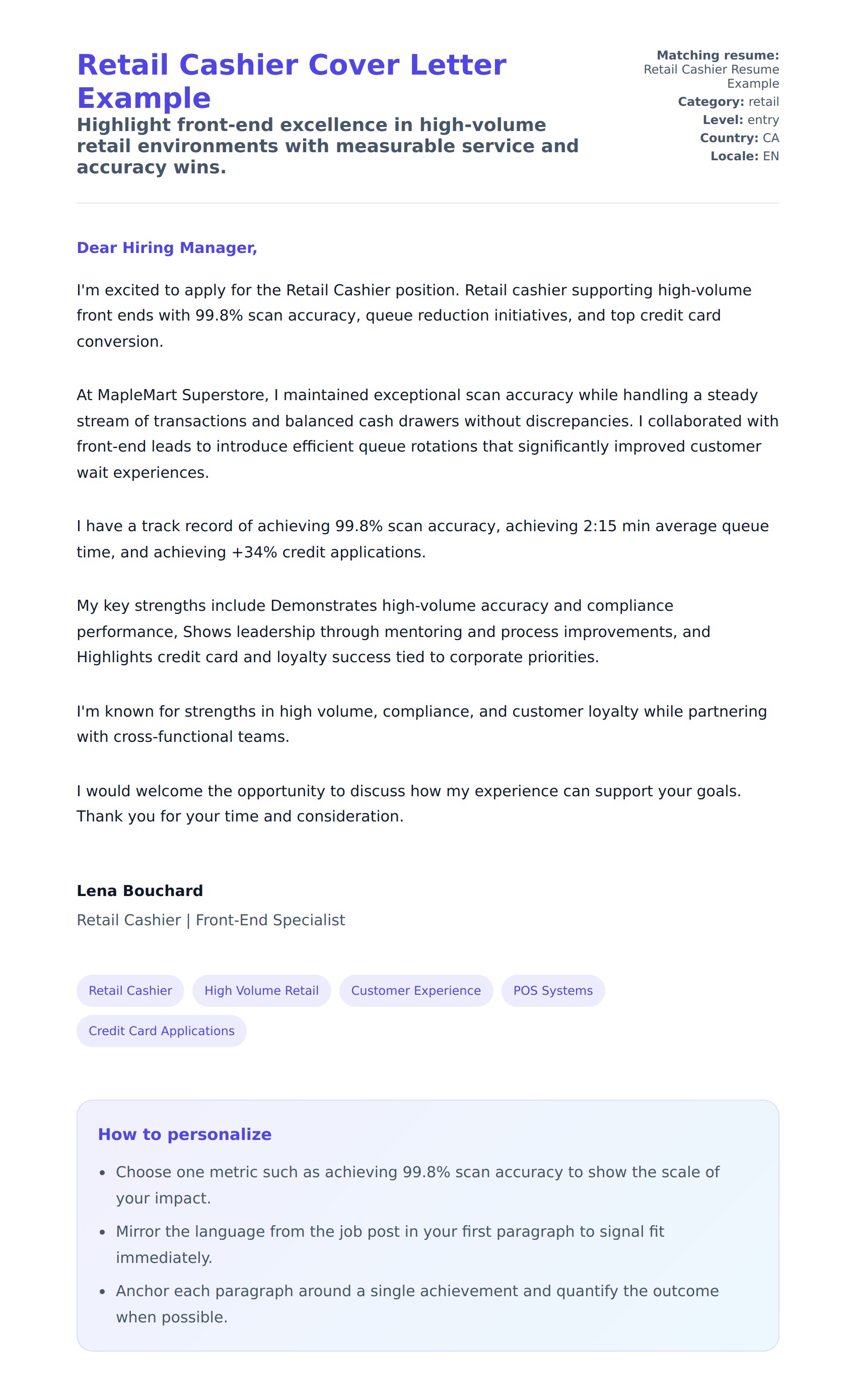 Cover Letter preview for Retail Cashier Cover Letter Example