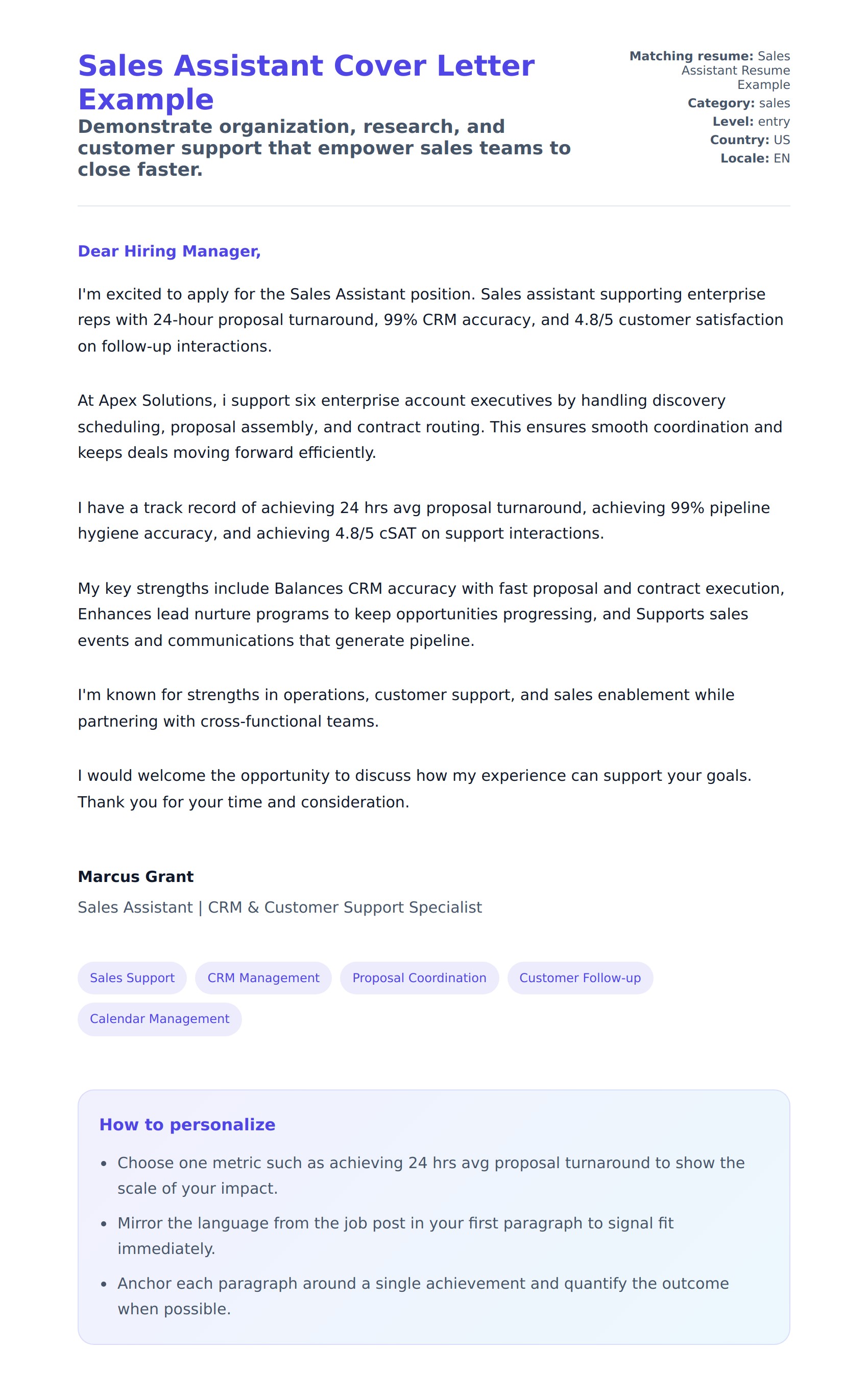Cover Letter preview for Sales Assistant Cover Letter Example