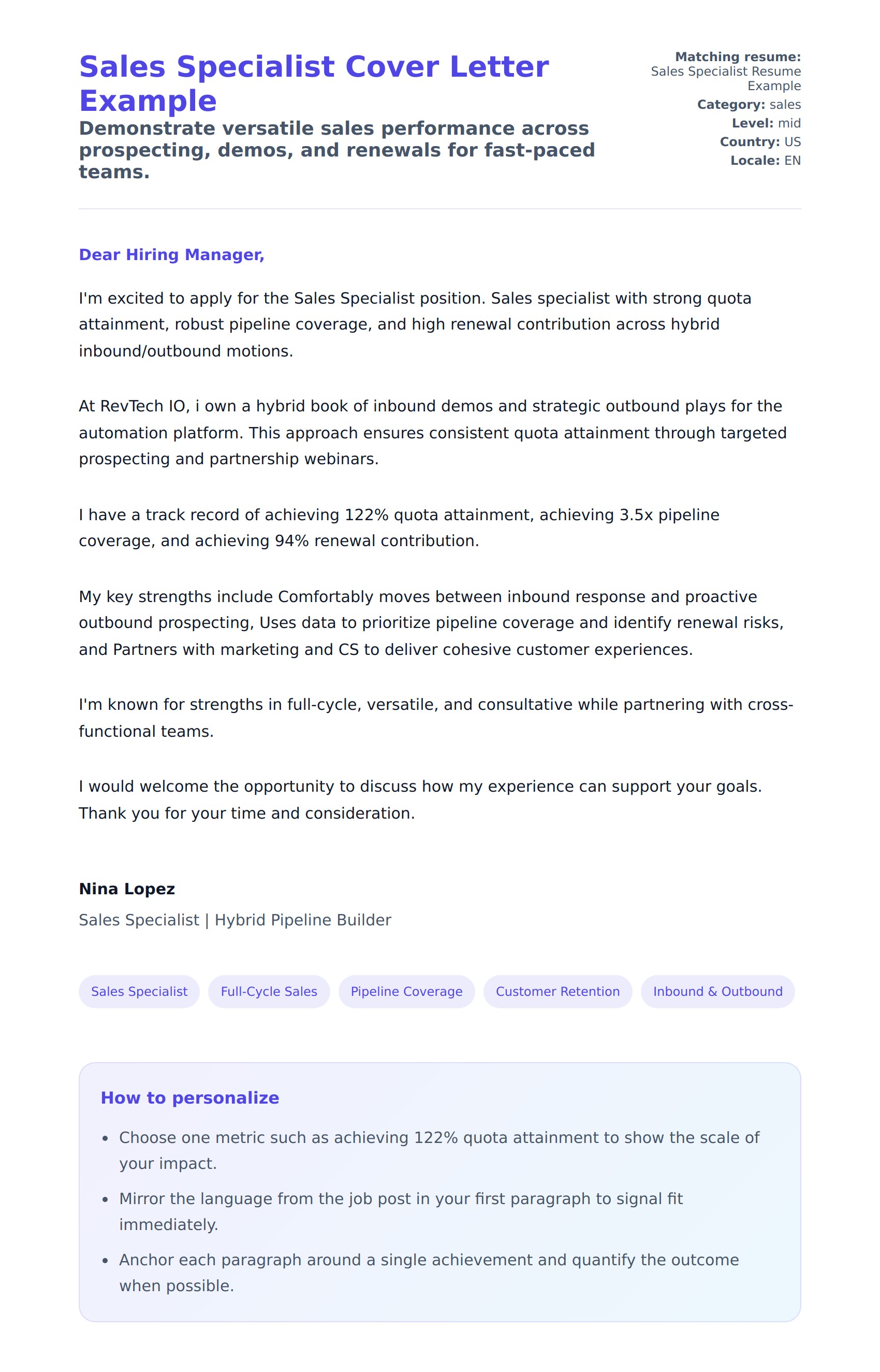 Cover Letter preview for Sales Specialist Cover Letter Example